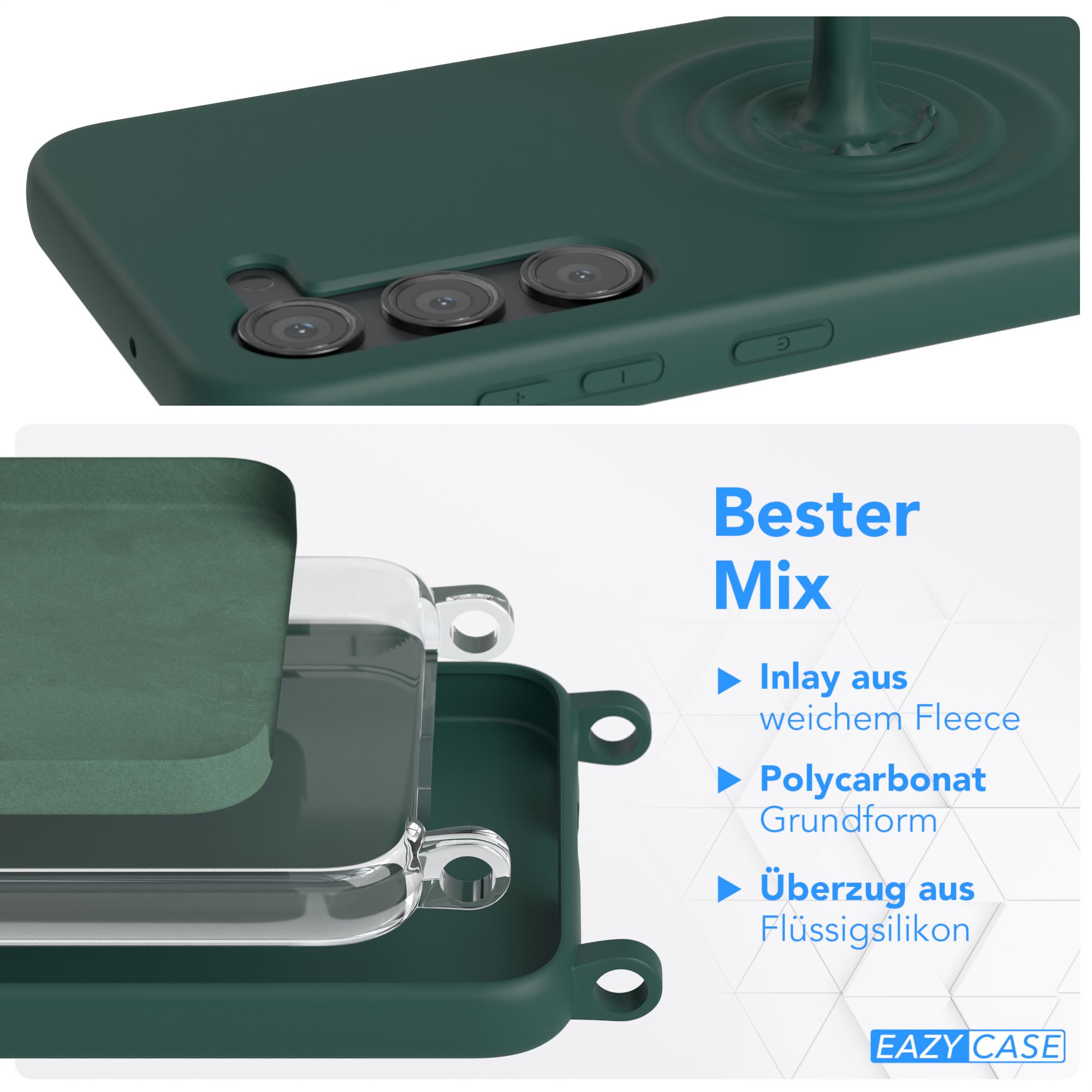 Grüne Handyhülle mit Schichten: Fleece-Inlay, Polycarbonat-Basis und Silikon-Überzug.