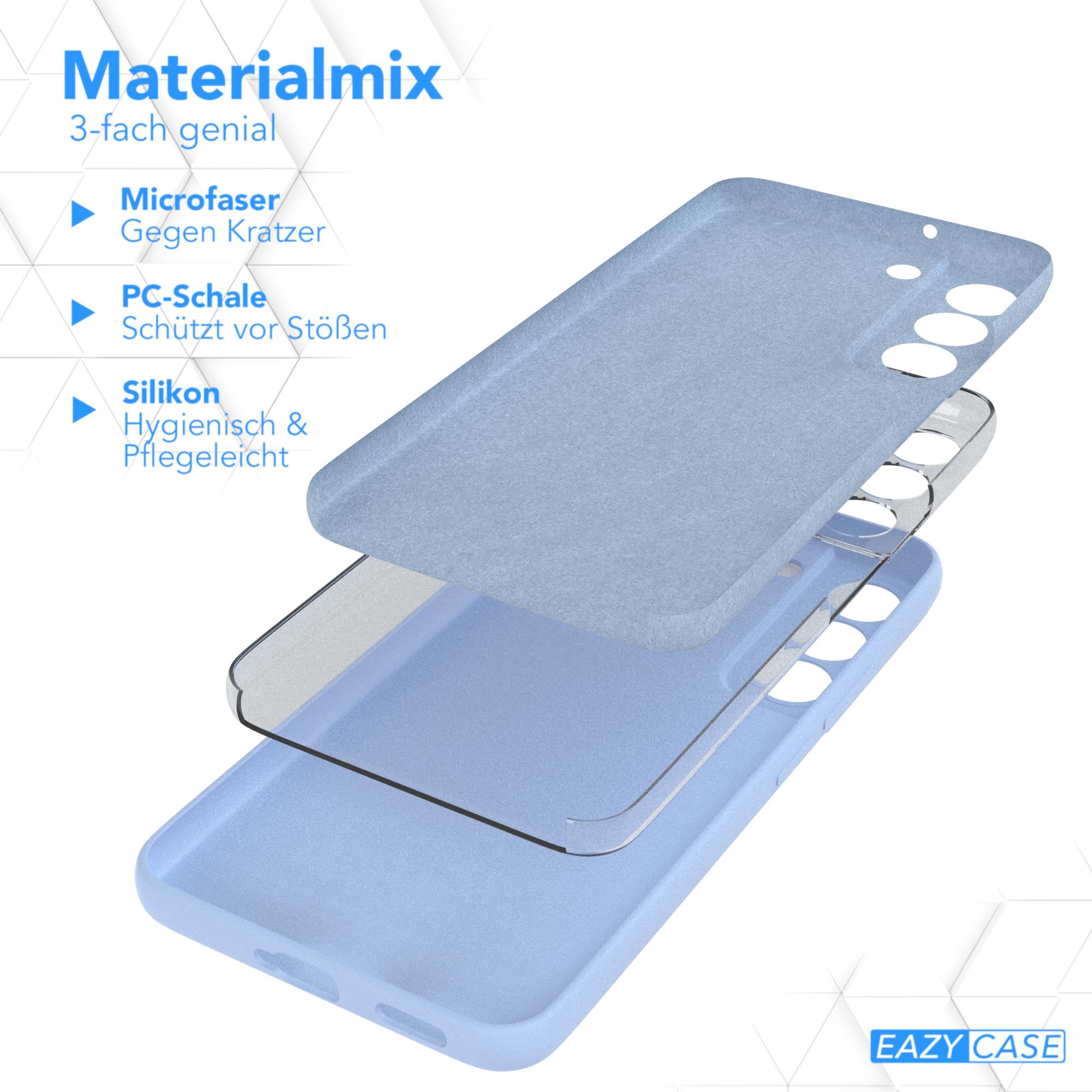 Eine blaue Handyhülle zerlegt, mit Texten: Mikrofaser, PC-Schale und Silikon.