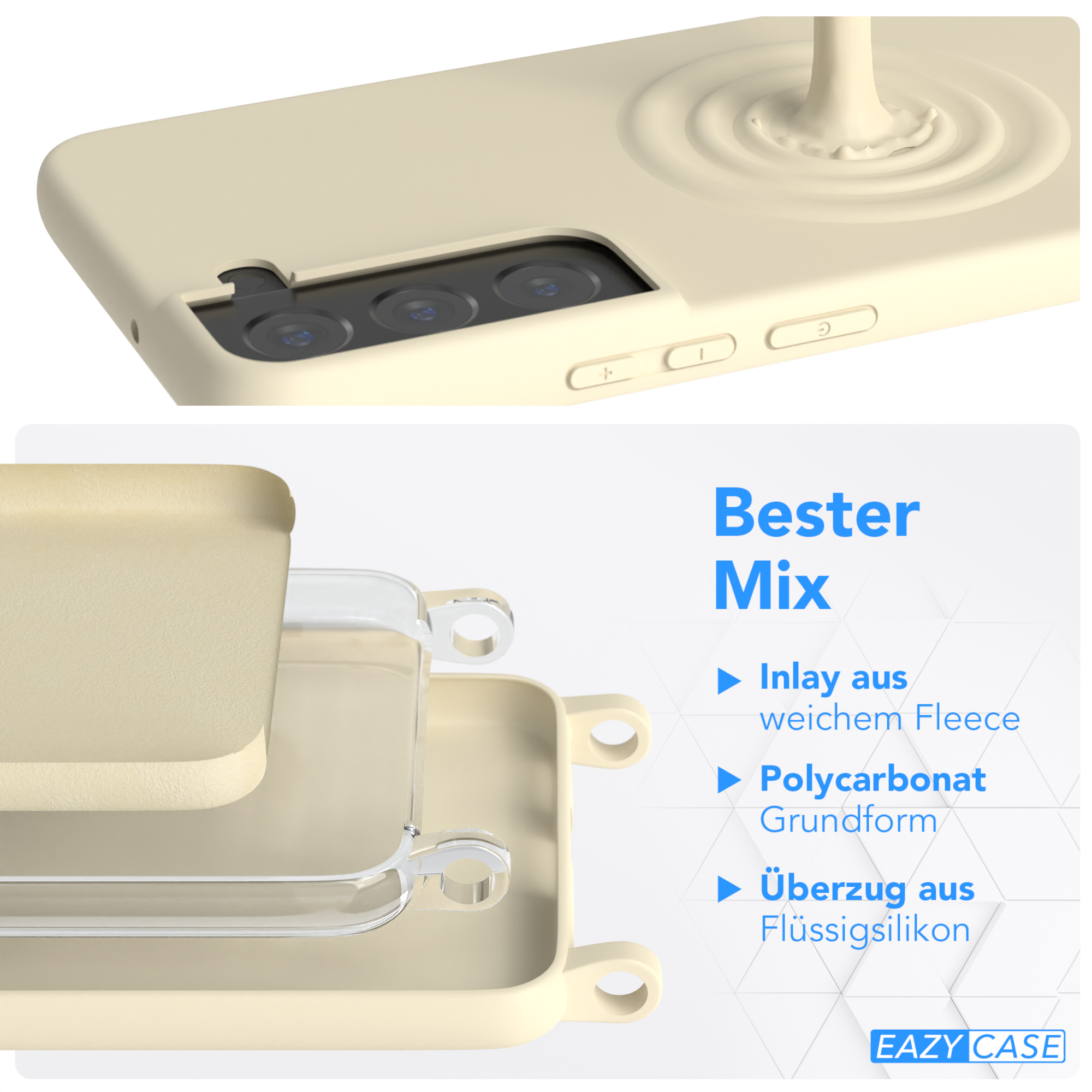 Cremefarbenes Handycase mit Schichten, Nahaufnahme. Text: Bester Mix, Materialdetails.