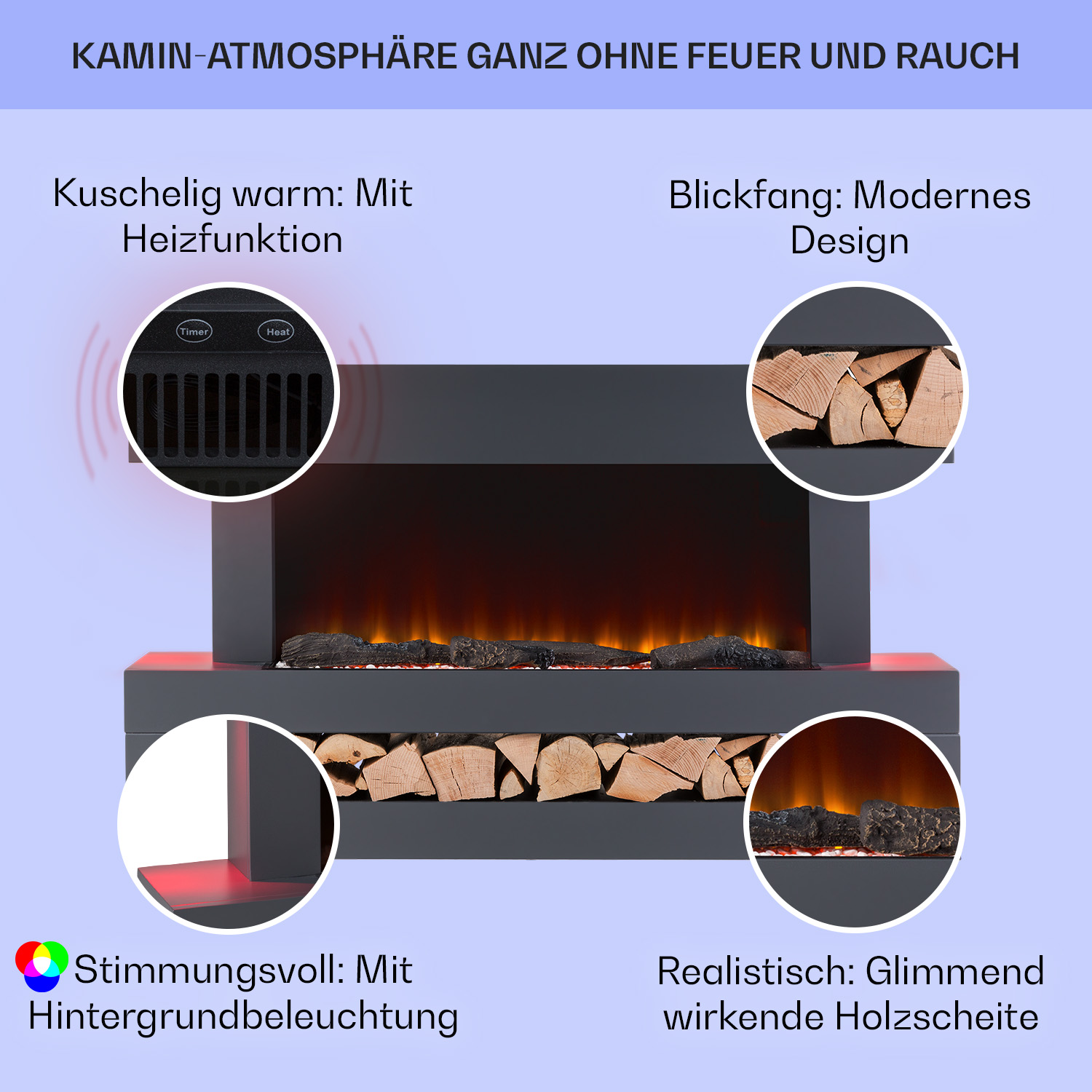 Ein moderner Kamin mit schwarzem Sockel, Holzscheiten und einem roten Glut-Effekt.