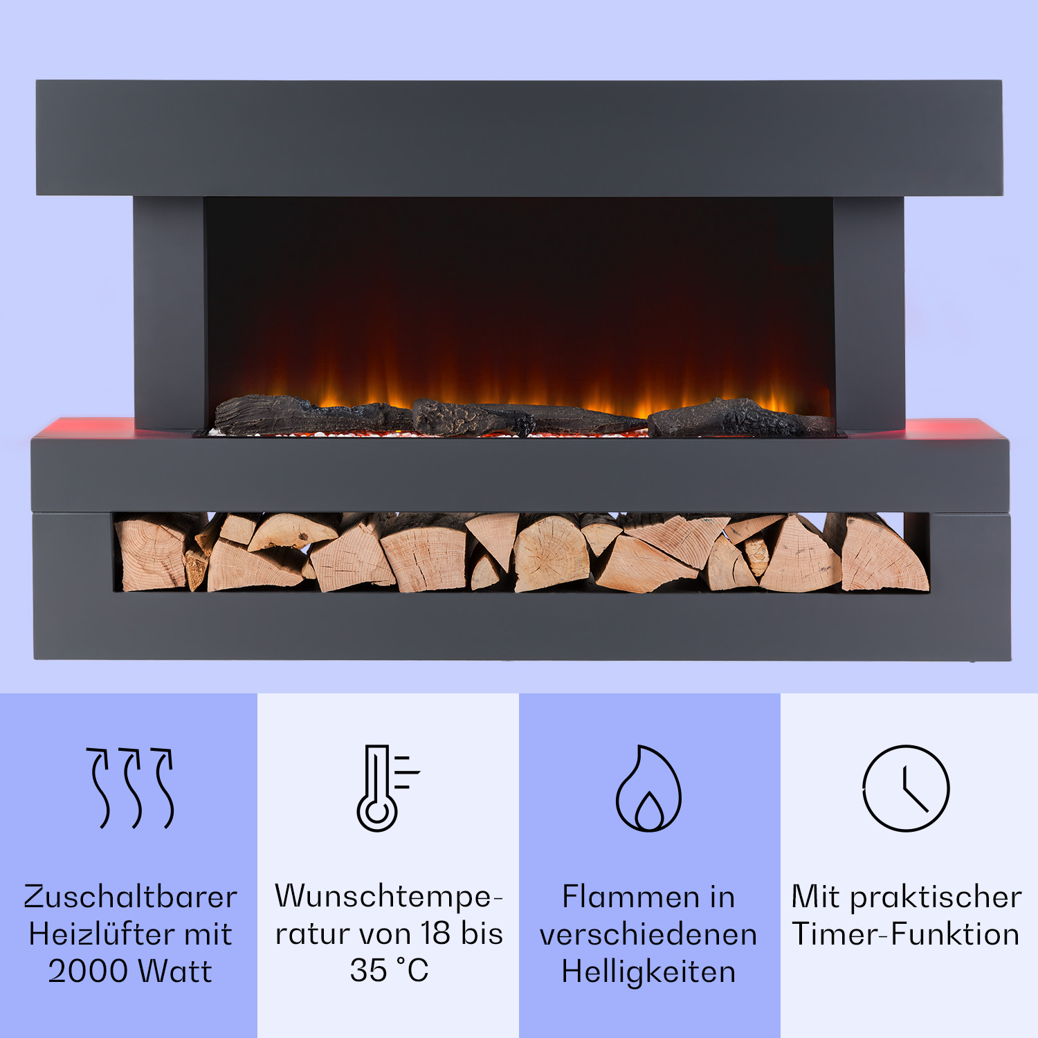 Ein dunkelgrauer Kamin mit künstlichen Flammen und Holzaufbewahrung, mit Symbolen darunter.