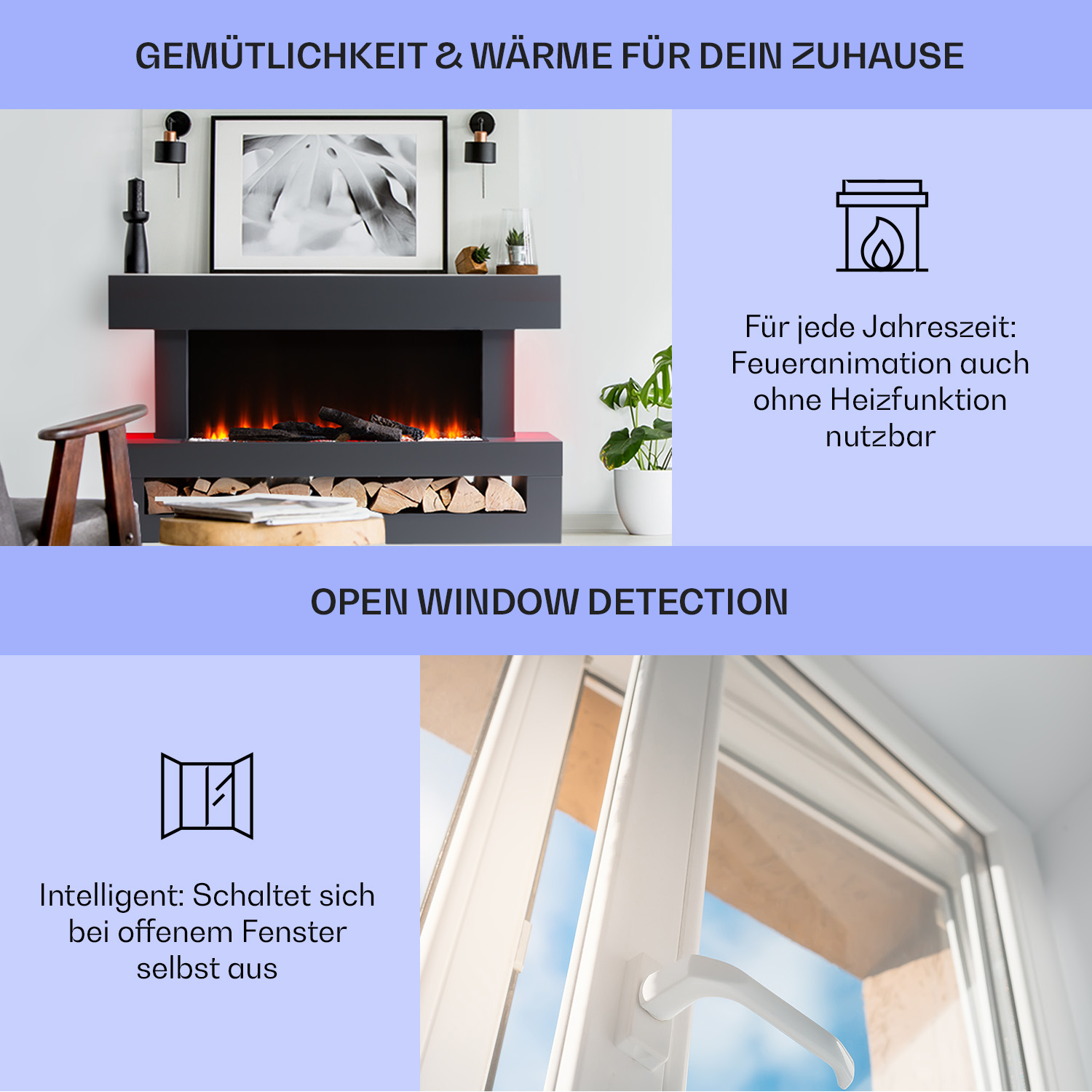 Kamin mit Dekoelementen. Text und Bild zur Fensteröffnungserkennung.