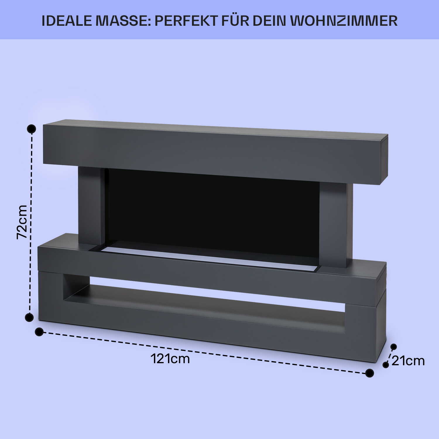 Ein dunkelgrauer rechteckiger Kamin mit beschrifteten Abmessungen.
