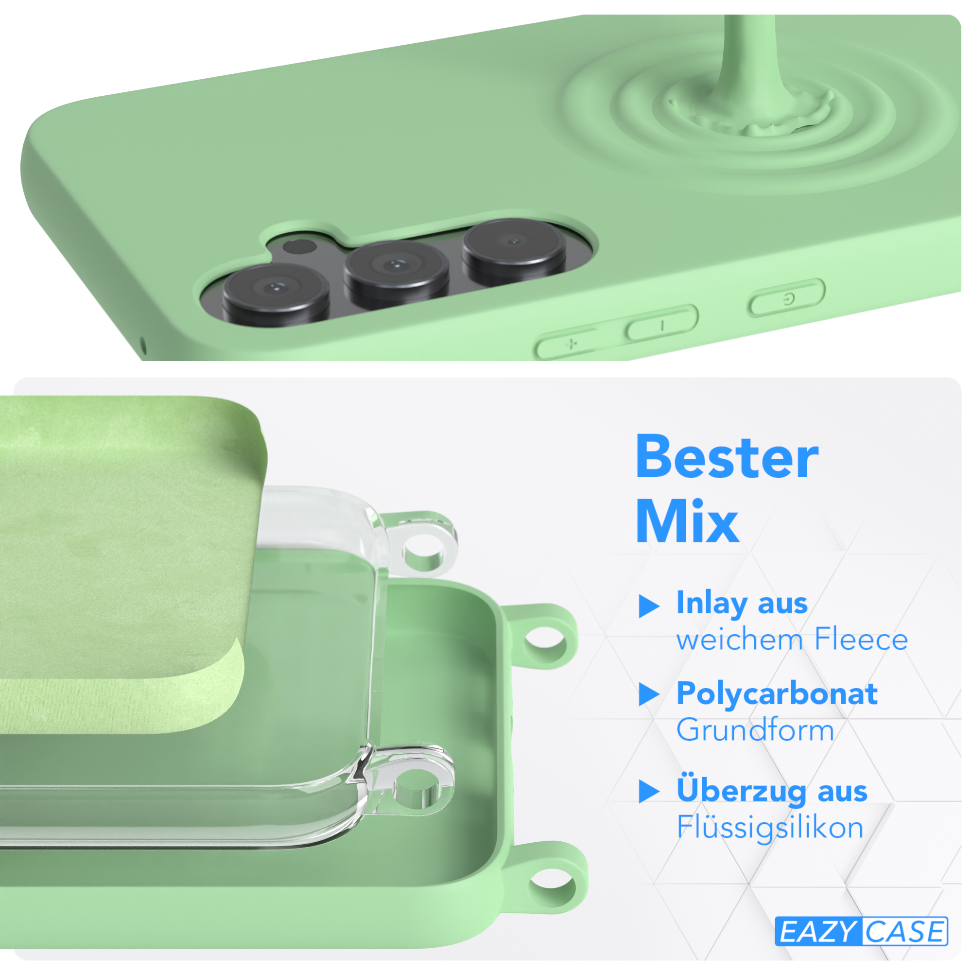 Grüne Handyhülle mit geschichteten Komponenten. Text: Weiches Fleece-Inlay, Polycarbonat-Basis, Flüssigsilikon-Überzug.
