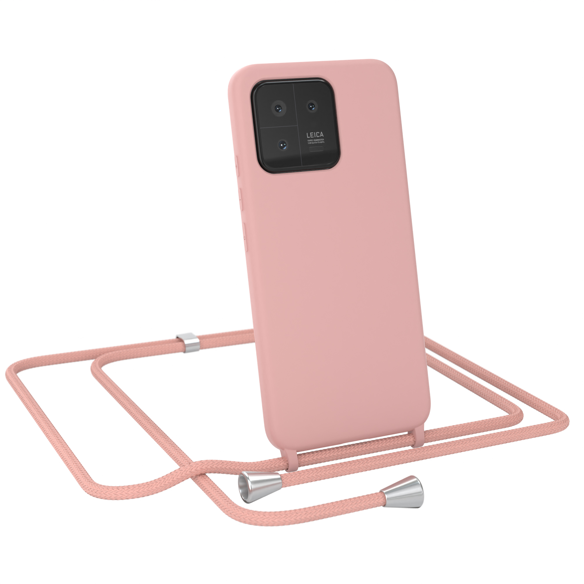 Eine rosa Handyhülle mit rosa Riemen. Das Telefon hat drei Kameras.