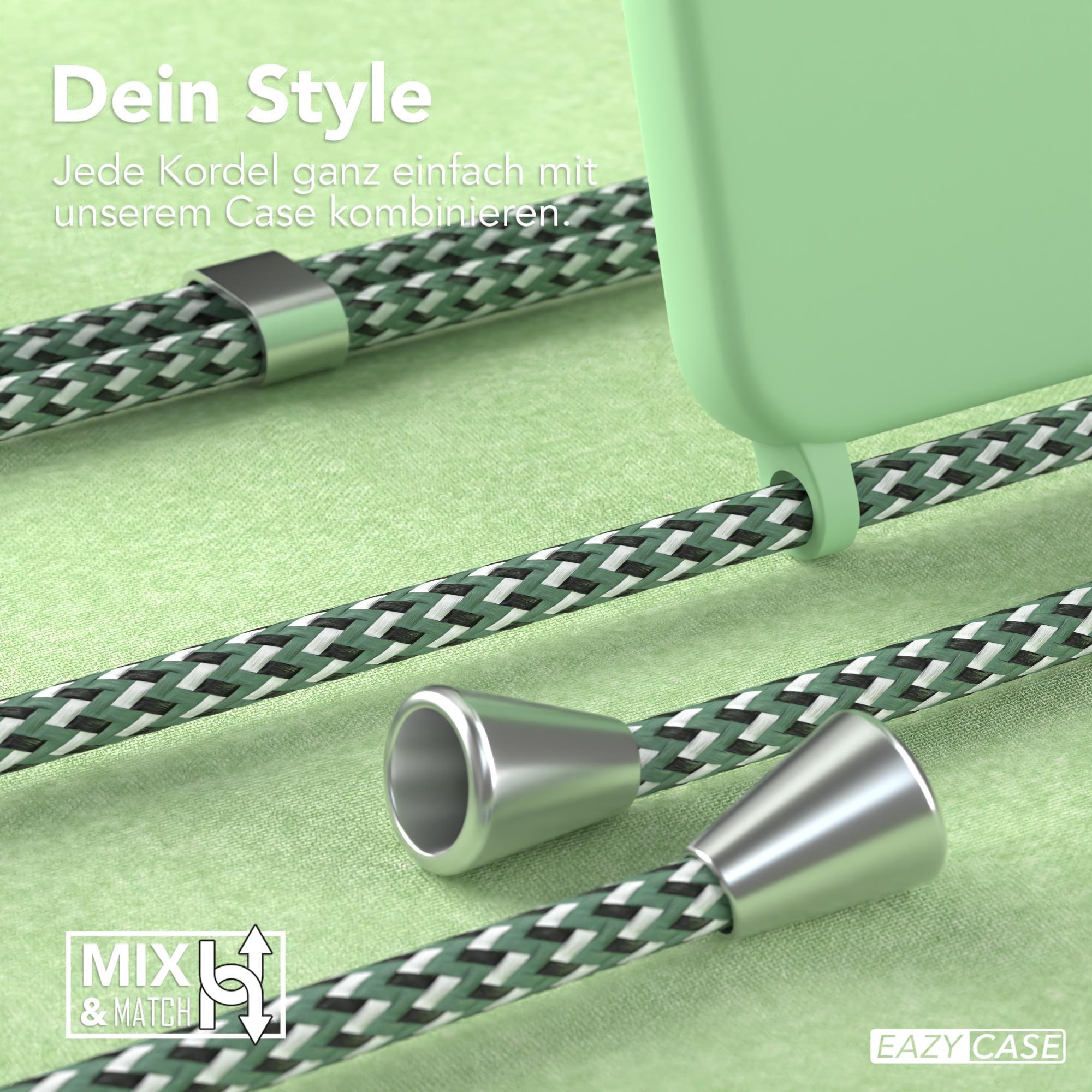 Nahaufnahme von Handyhülle und grünem Kabel mit silbernen Enden. Das Kabel ist grün und weiß strukturiert.
