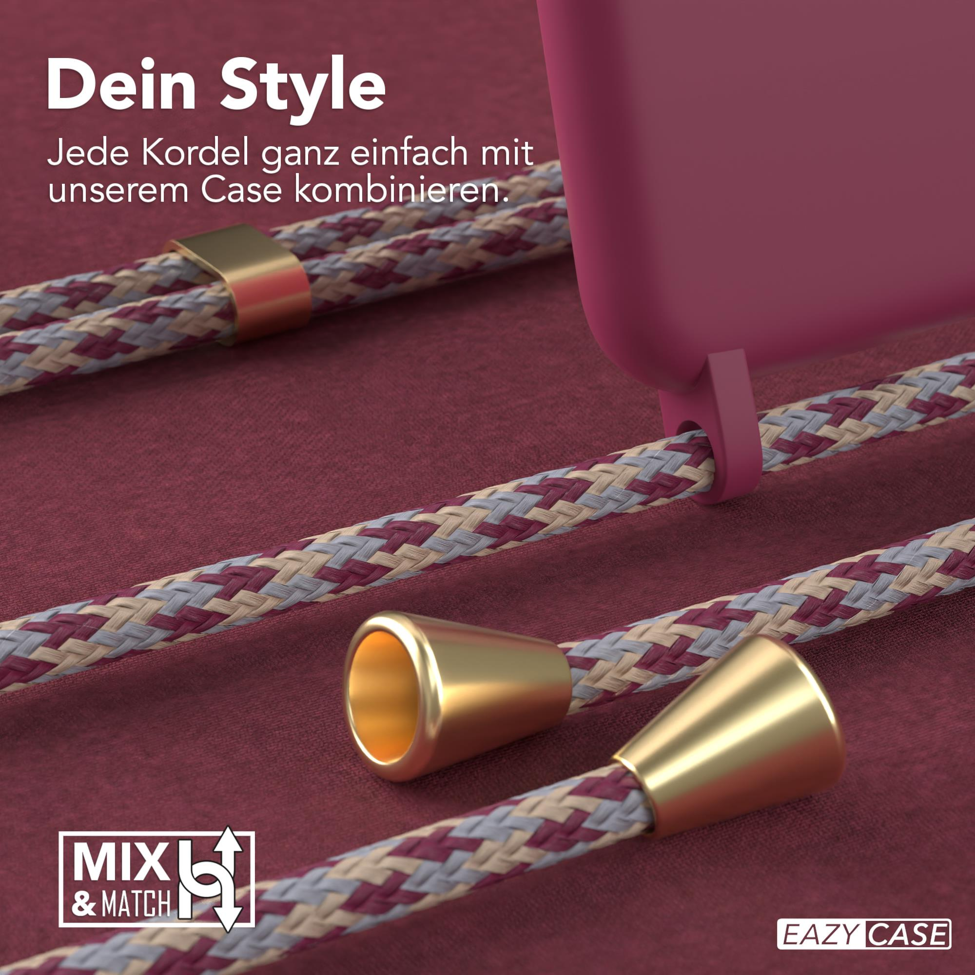 Nahaufnahme einer Handyhülle mit einem angebrachten Umhängeband. Hülle und Umhängeband sind unterschiedlich farbig.