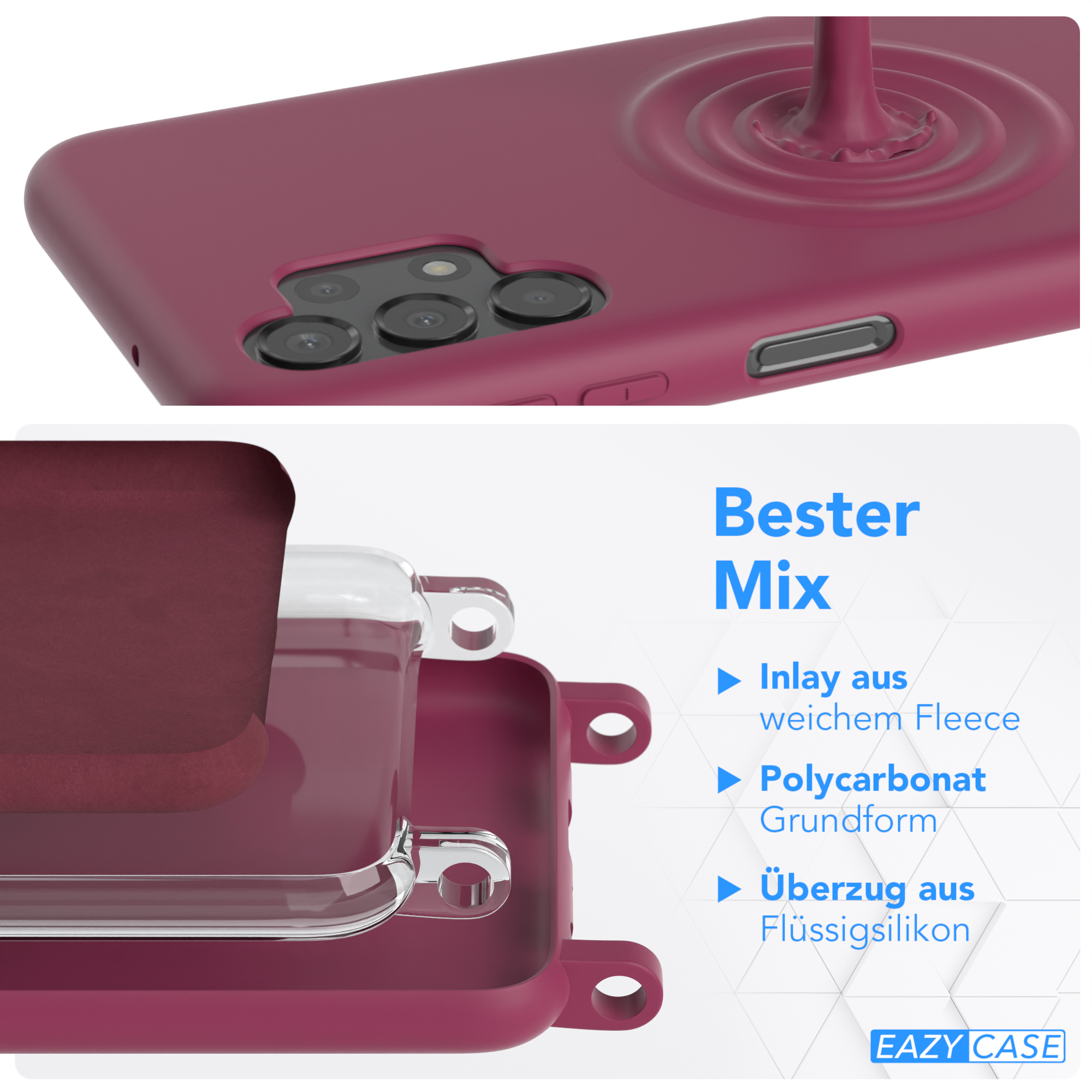 Eine weinrote Handyhülle mit Schichten: Fleece-Inlay, Polycarbonat-Basis und Silikon-Überzug.