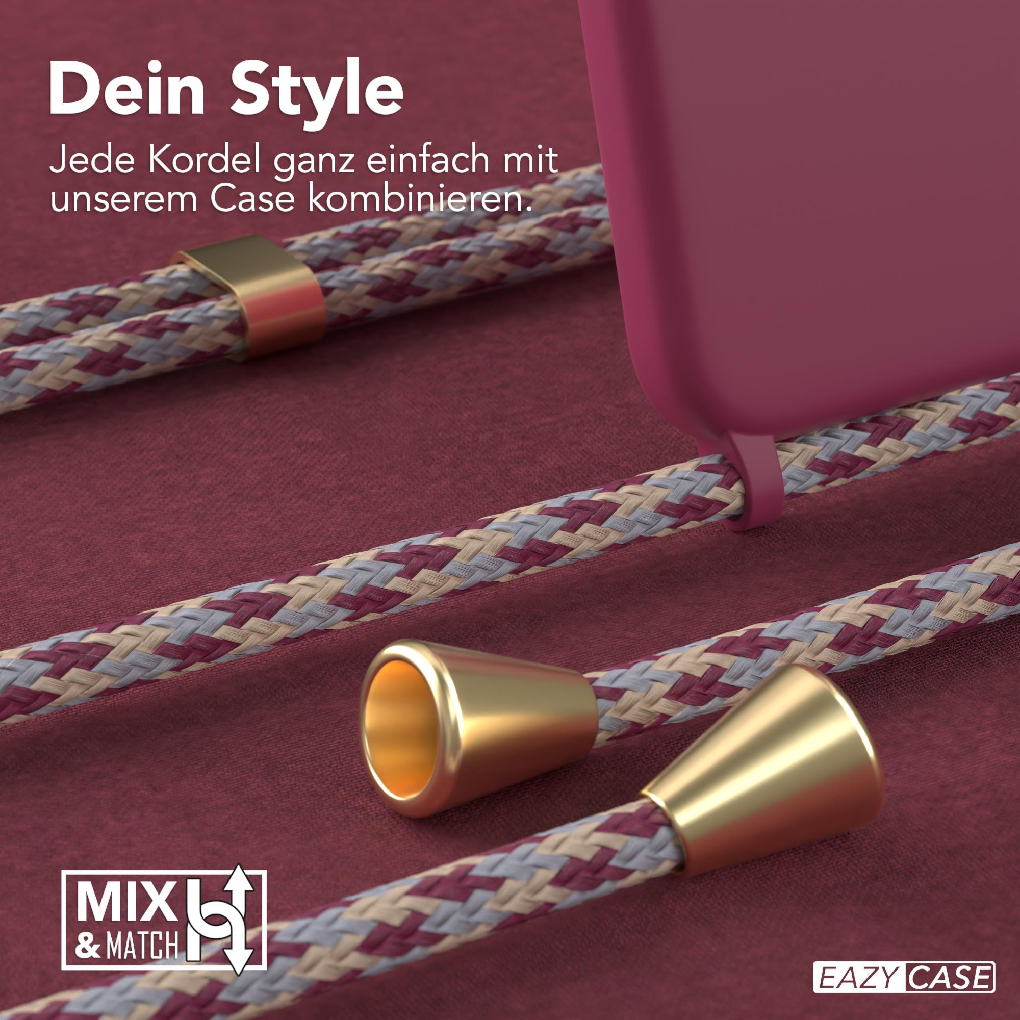 Nahaufnahme einer Handyhülle mit angebrachtem Kabel. Das Kabel ist mehrfarbig, mit goldfarbenen Metallakzenten.