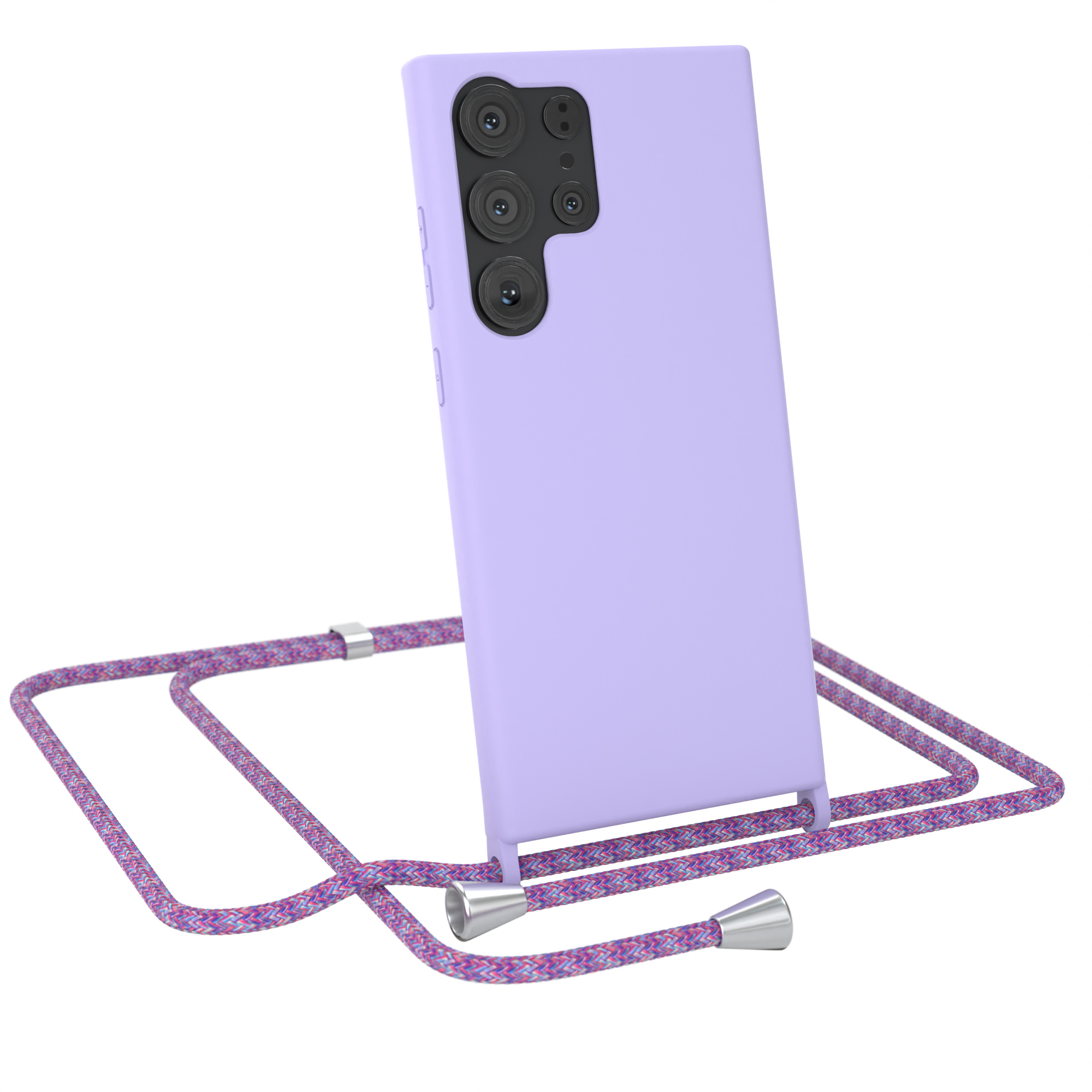 Eine hellviolette Handyhülle mit einem lila-rosa Schlüsselband.