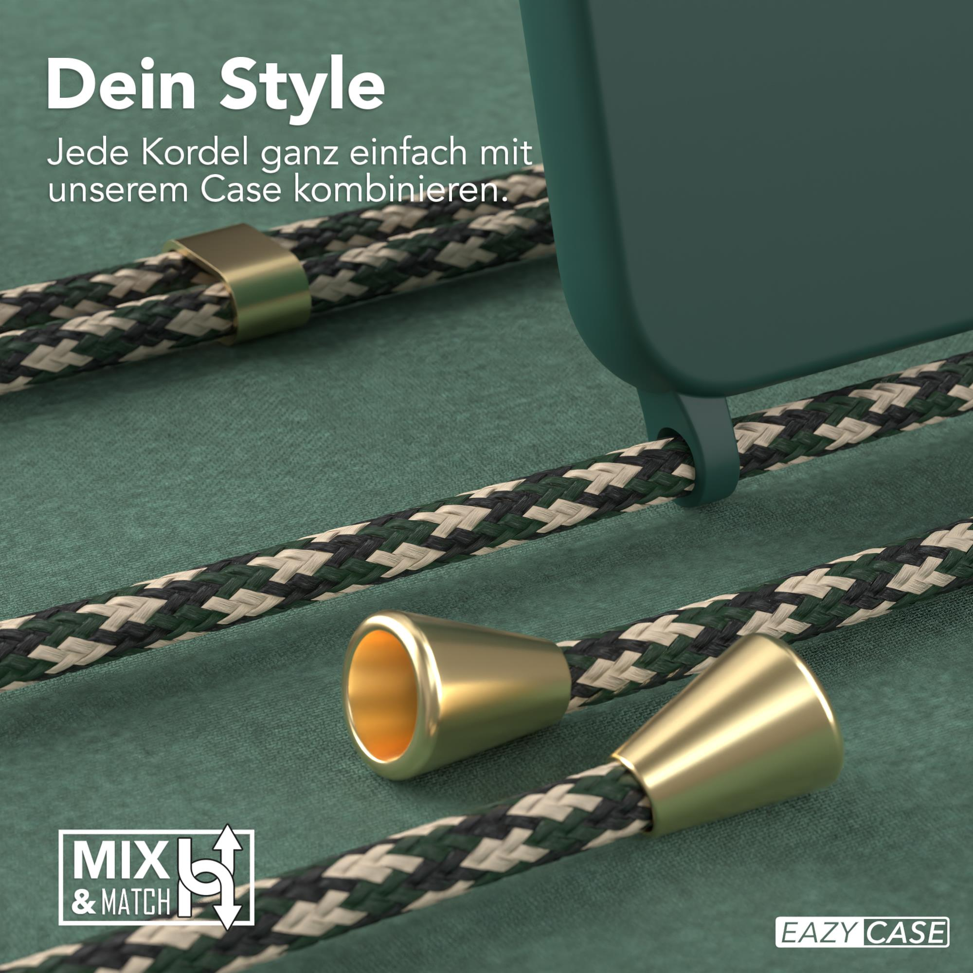 Grüne Handyhülle mit Kordel. Messingdetails. Weißes, schwarzes und grünes Kabel.