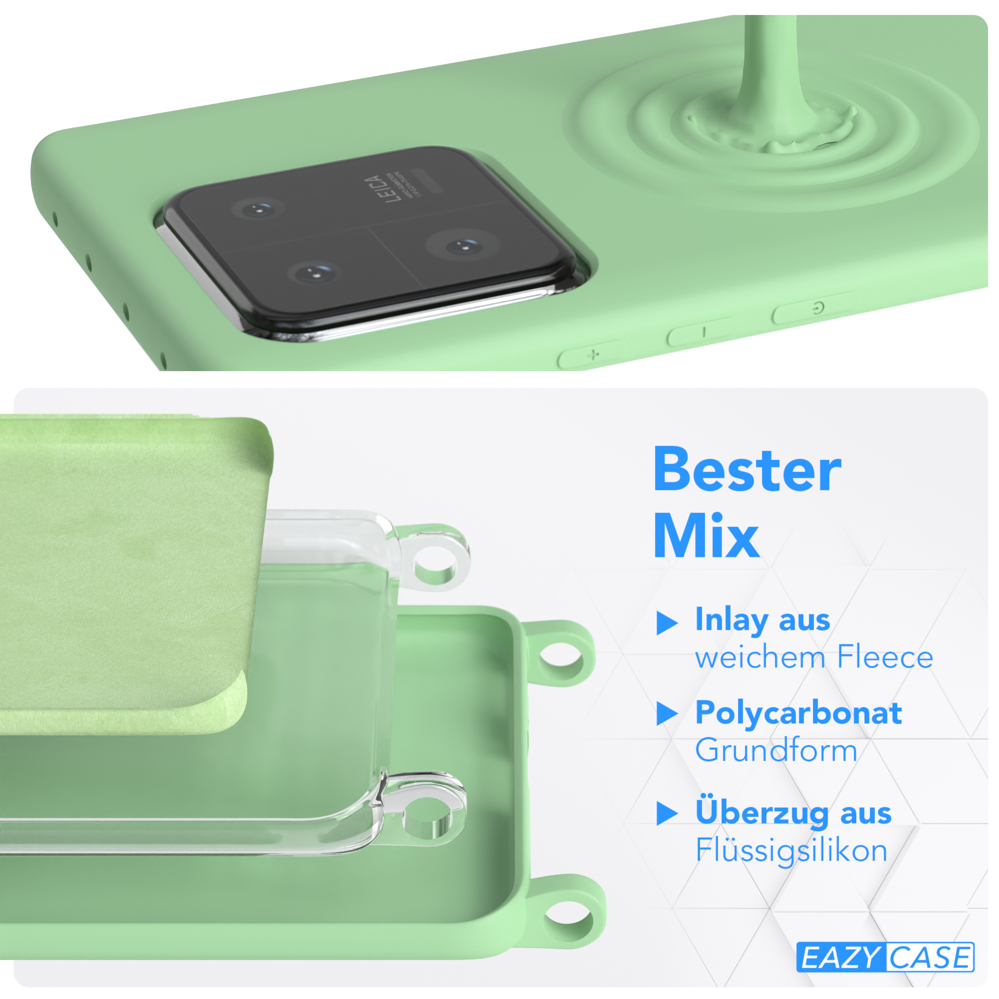 Eine grüne Handyhülle mit einem Telefon darin. Text beschreibt das Material.