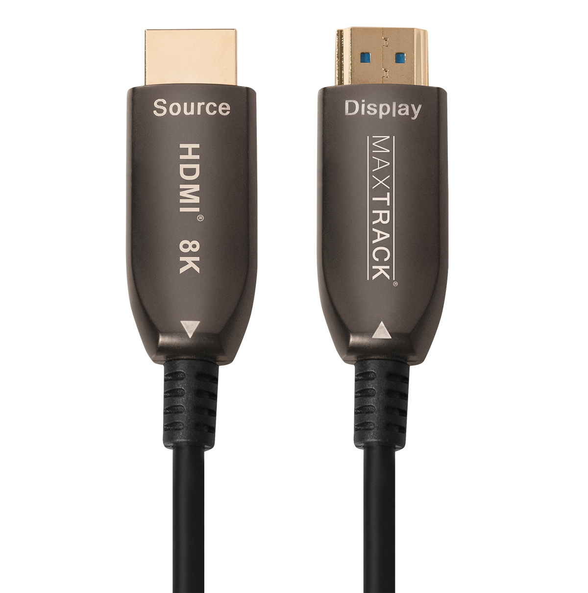 HDMI 8K Kabel. Source und Display Enden beschriftet. Schwarzes Kabel. Marke MaxTrack.