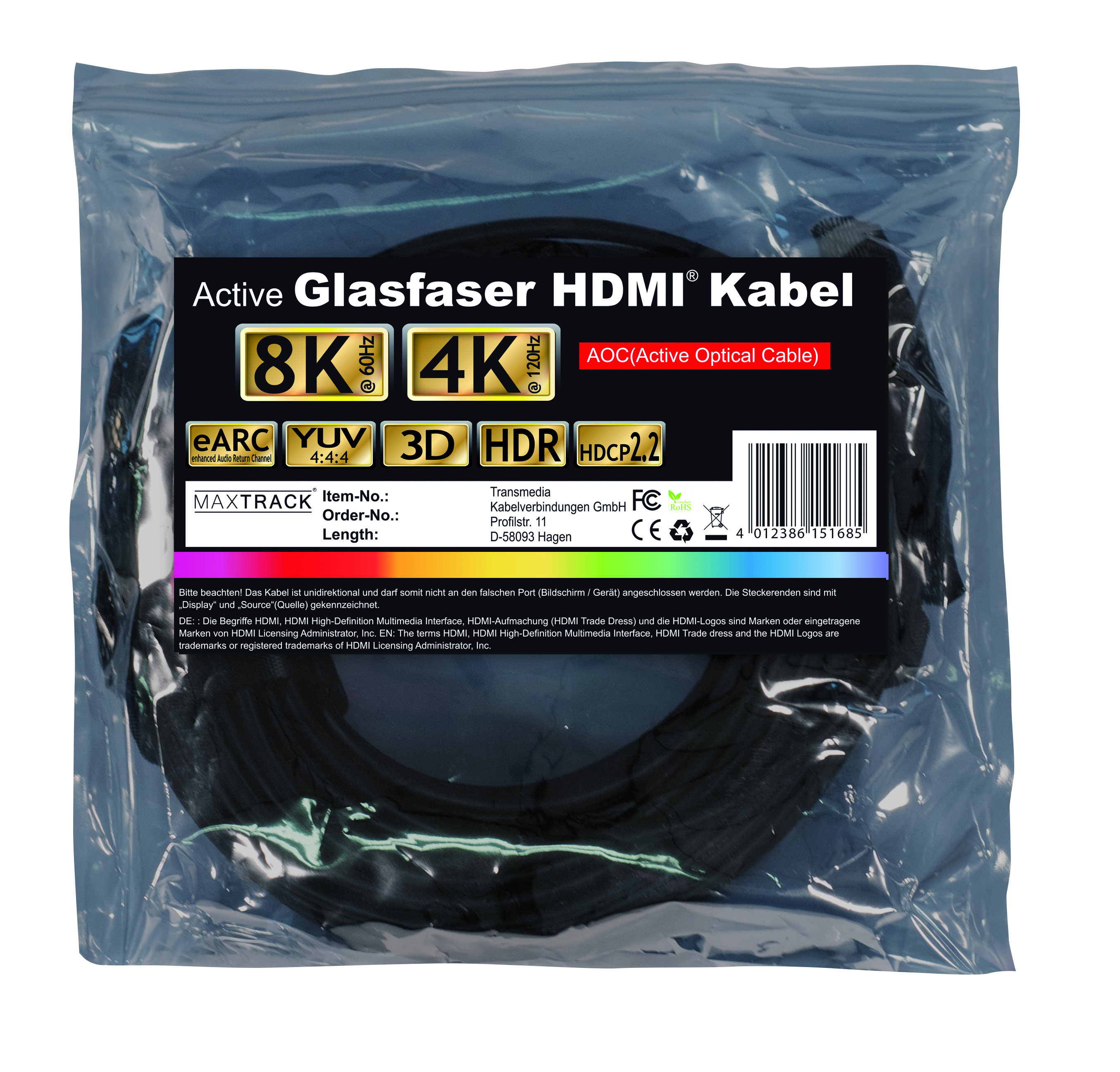 Klare Plastikverpackung eines schwarzen aktiven Glasfaser-HDMI-Kabels mit Textetiketten.