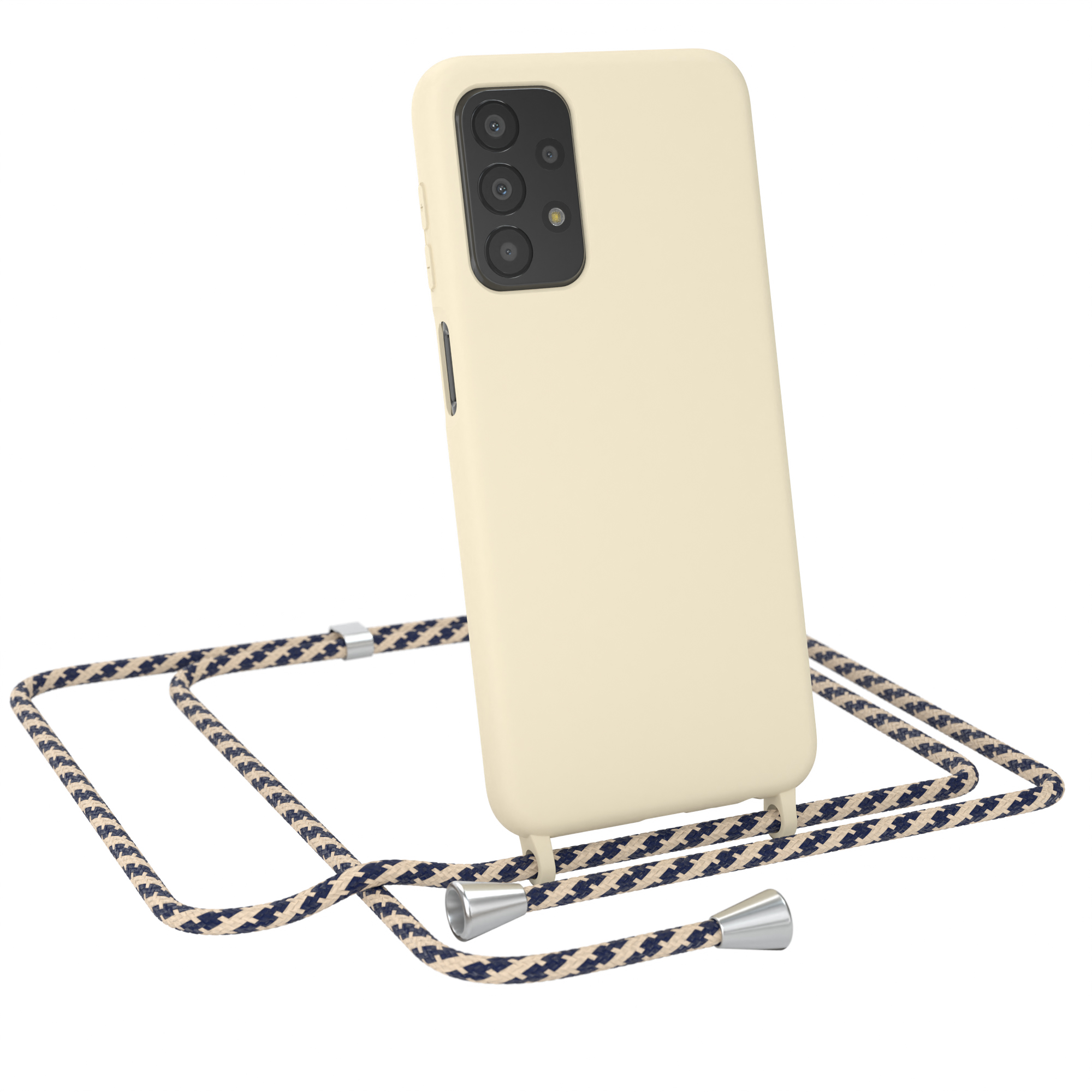Cremefarbenes Telefoncase mit blau-weißem Riemen und silberner Hardware. Weißer Hintergrund.