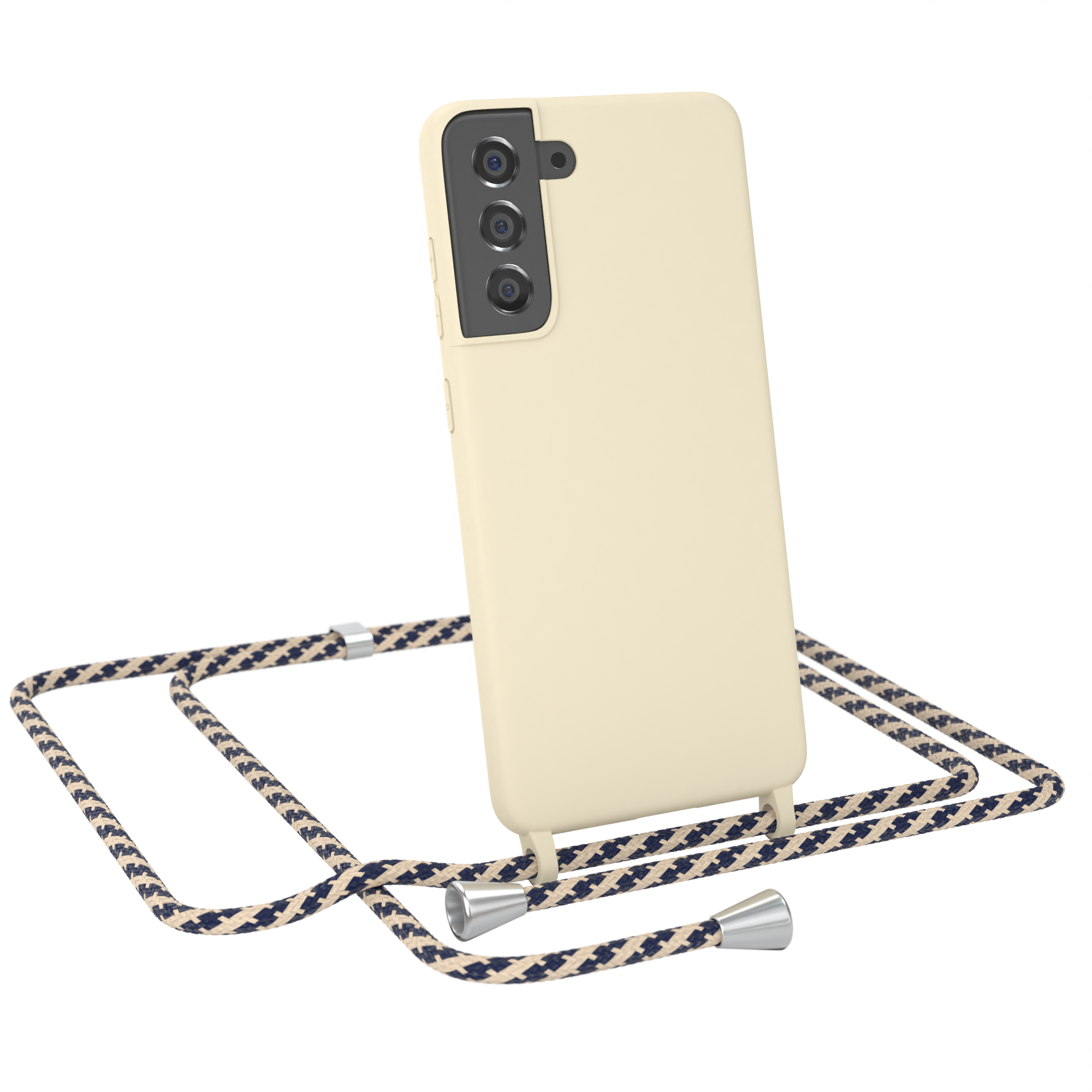Eine Handyhülle mit Lanyard. Die Hülle ist beige und das Lanyard ist gemustert.