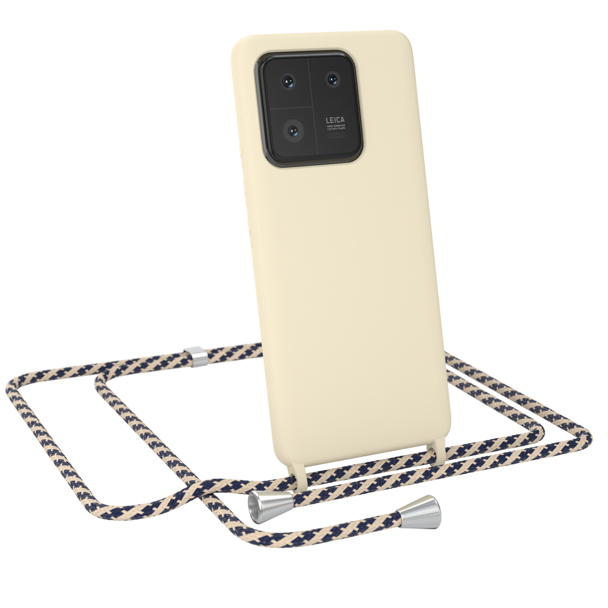 Beiges Telefon mit Kameramodul und Schlüsselband. Das Schlüsselband ist beige, navy und weiß.