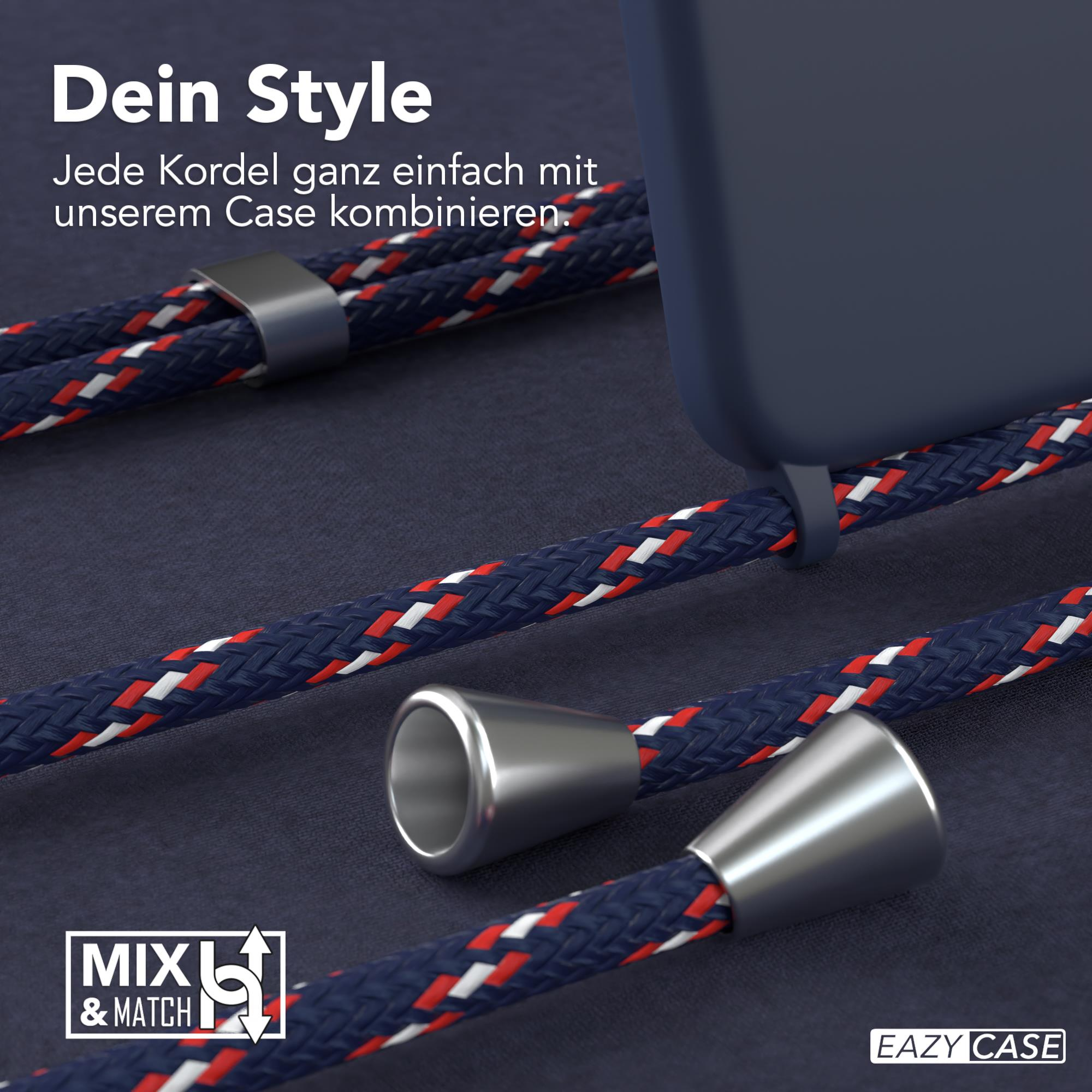 Nahaufnahme einer Handyhülle mit geflochtener Kordel und Metallakzenten.