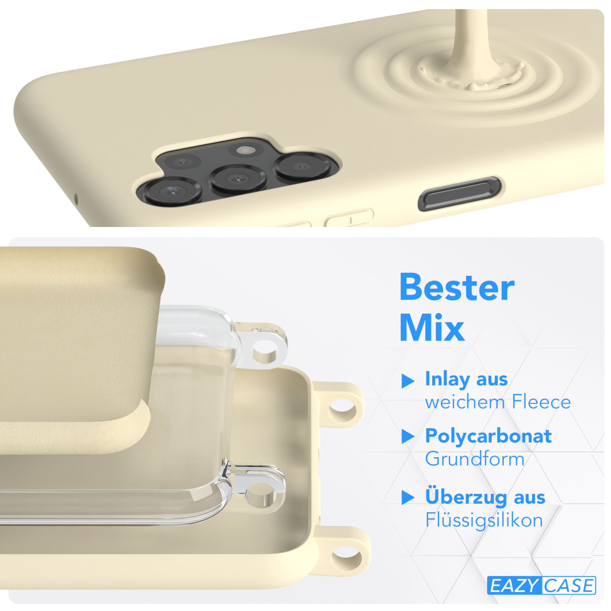 Eine Handyhülle in Beige mit drei Schichten und einem Telefon mit Kameras oben.