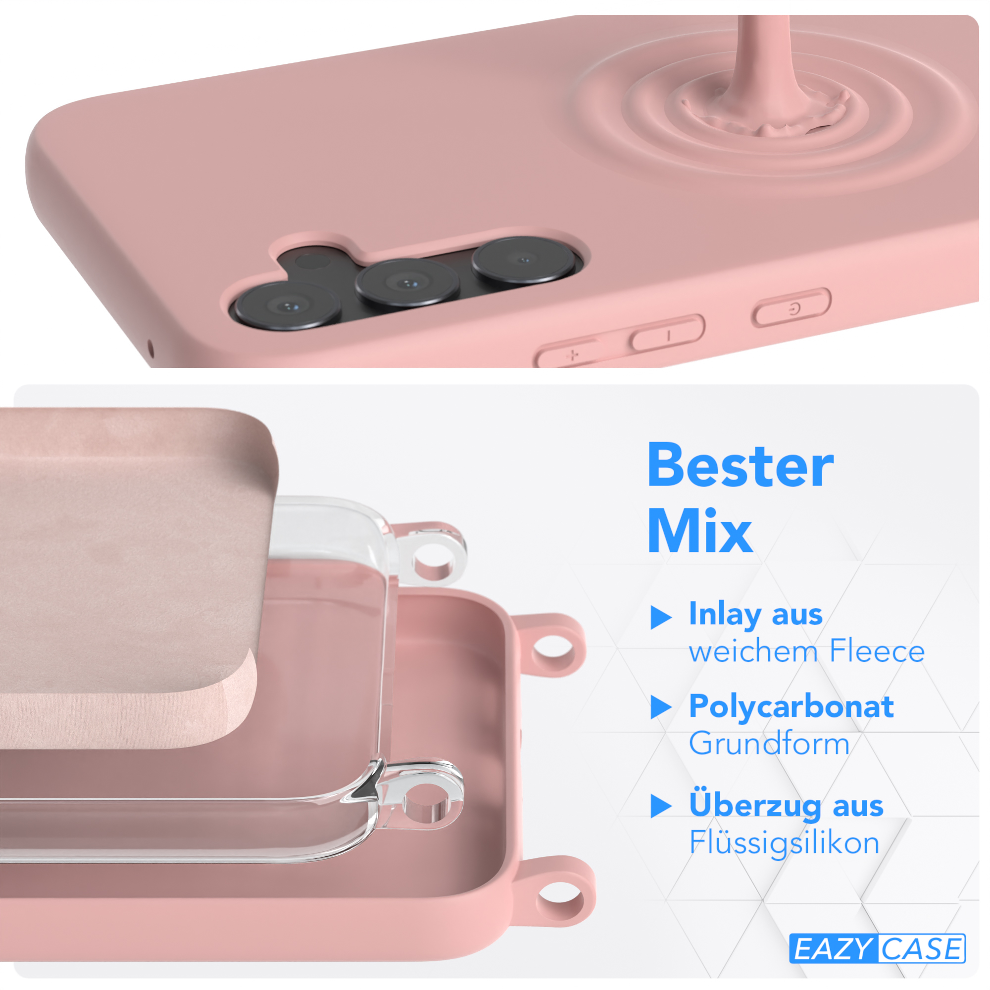 Eine mehrschichtige Handyhülle mit rosa Außenschale und transparenten Schichten.