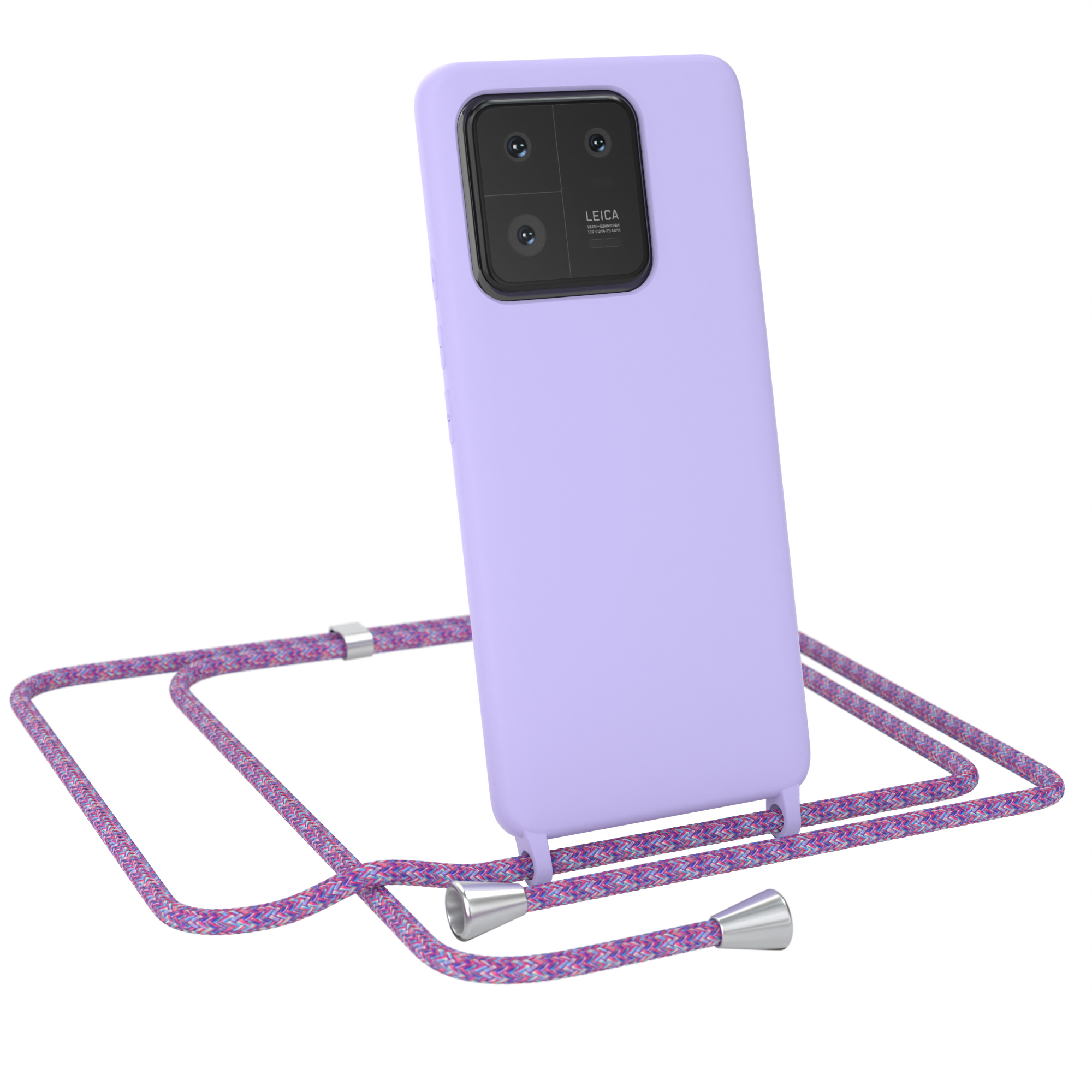 Lilafarbenes Handycase mit Leica-Kamera, an einem bunten Schlüsselband, freigestellt.