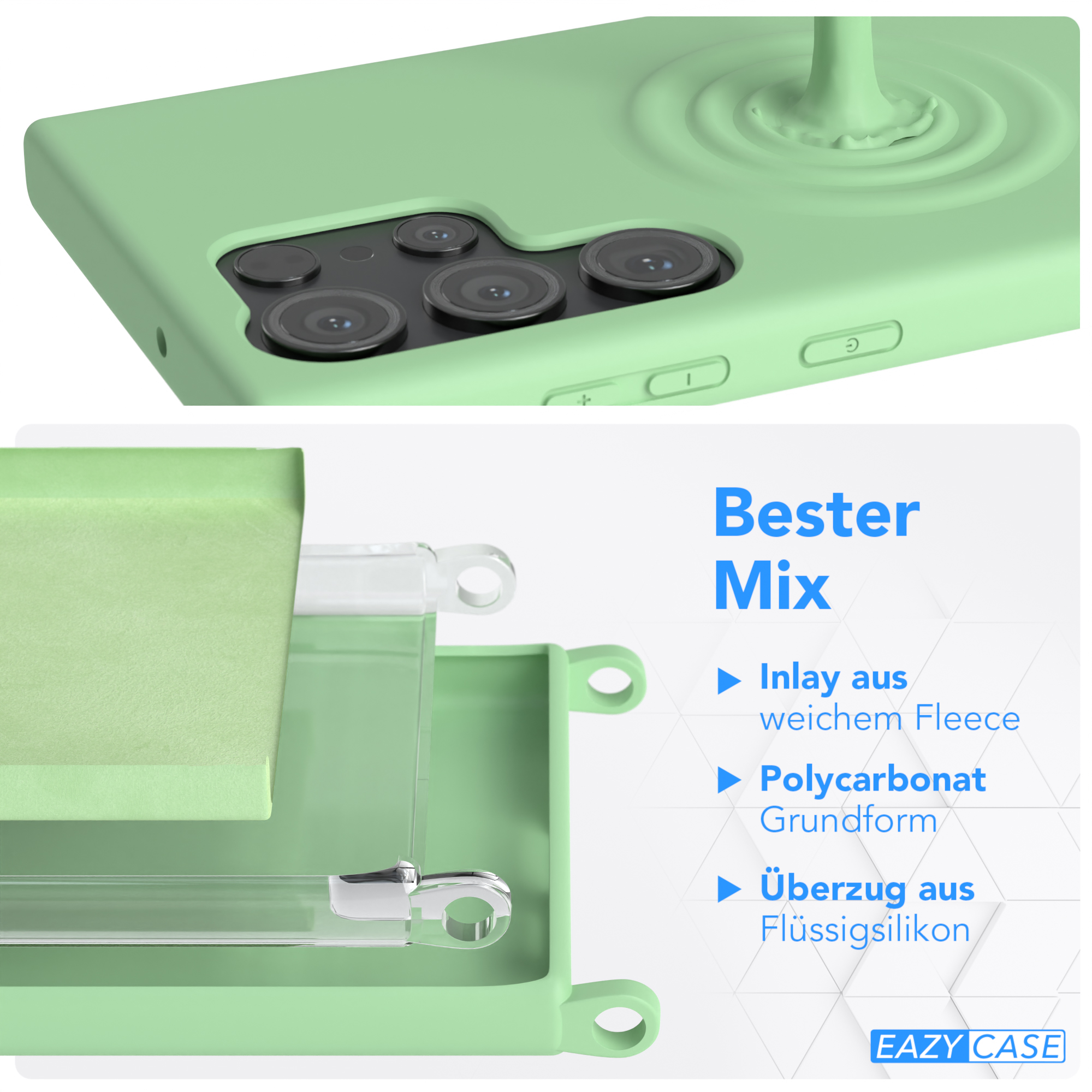 Grüne Handyhülle mit Kameraausschnitten. Schichten aus Inlay, Polycarbonat und Silikon. Text: 'Bester Mix'.