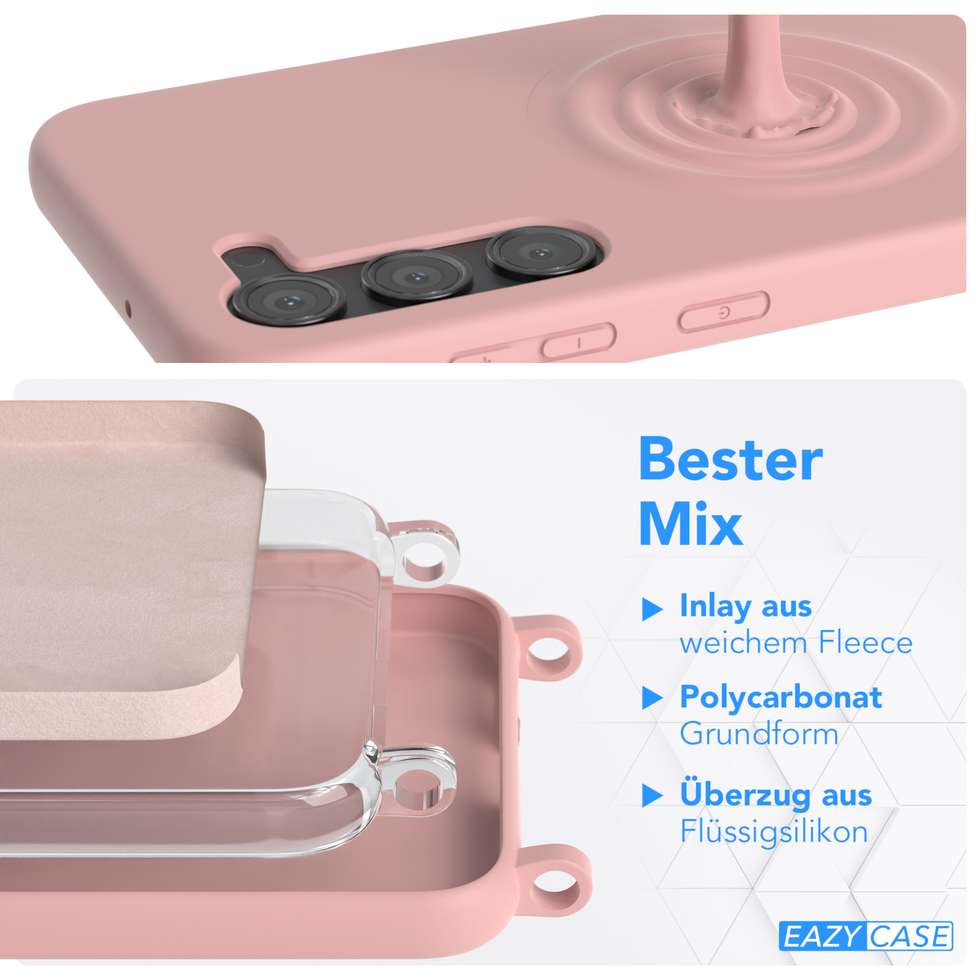 Rosa Handyhülle mit mehreren Schichten, die Kamera des Telefons und Schichtdetails zeigen.