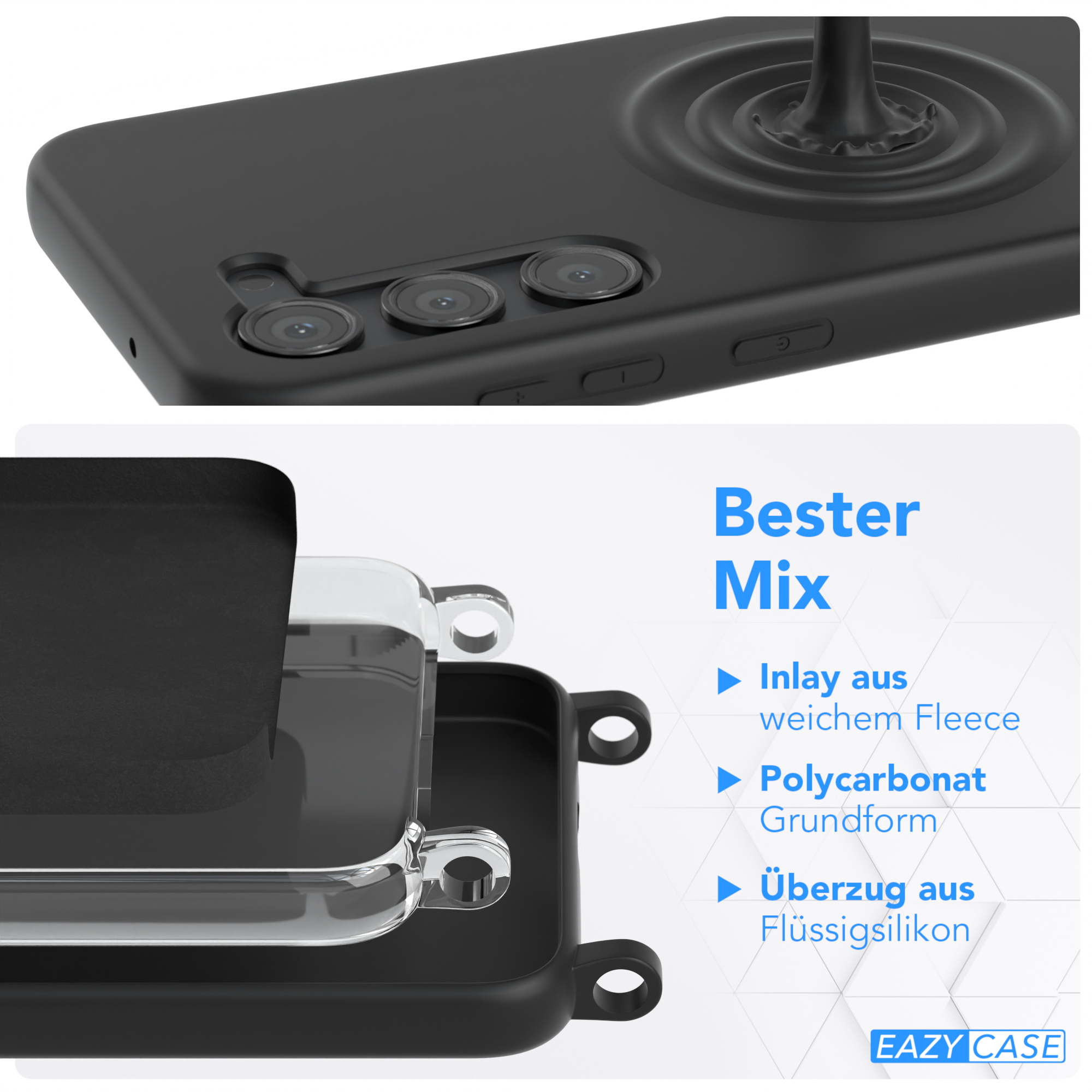 Schwarze Handyhülle mit drei Kameras, die einen Wassertropfeneffekt zeigt.