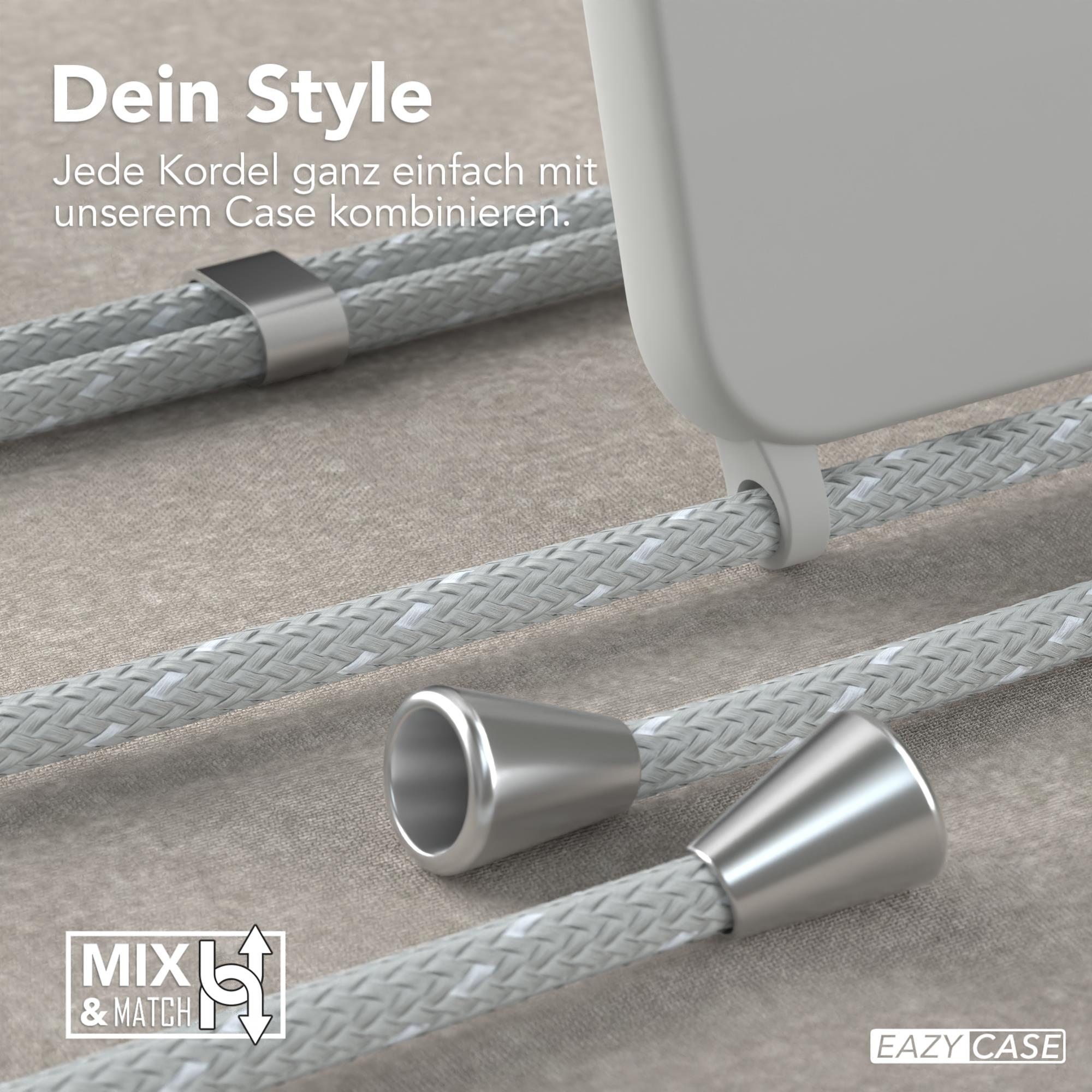Nahaufnahme von grauem Telefonkabel und -hülle. Silberne Metallakzente. Weißer Hintergrund.