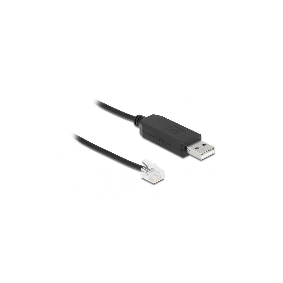 Czarny kabel USB ze złączem USB-A na jednym końcu i złączem telefonicznym na drugim.