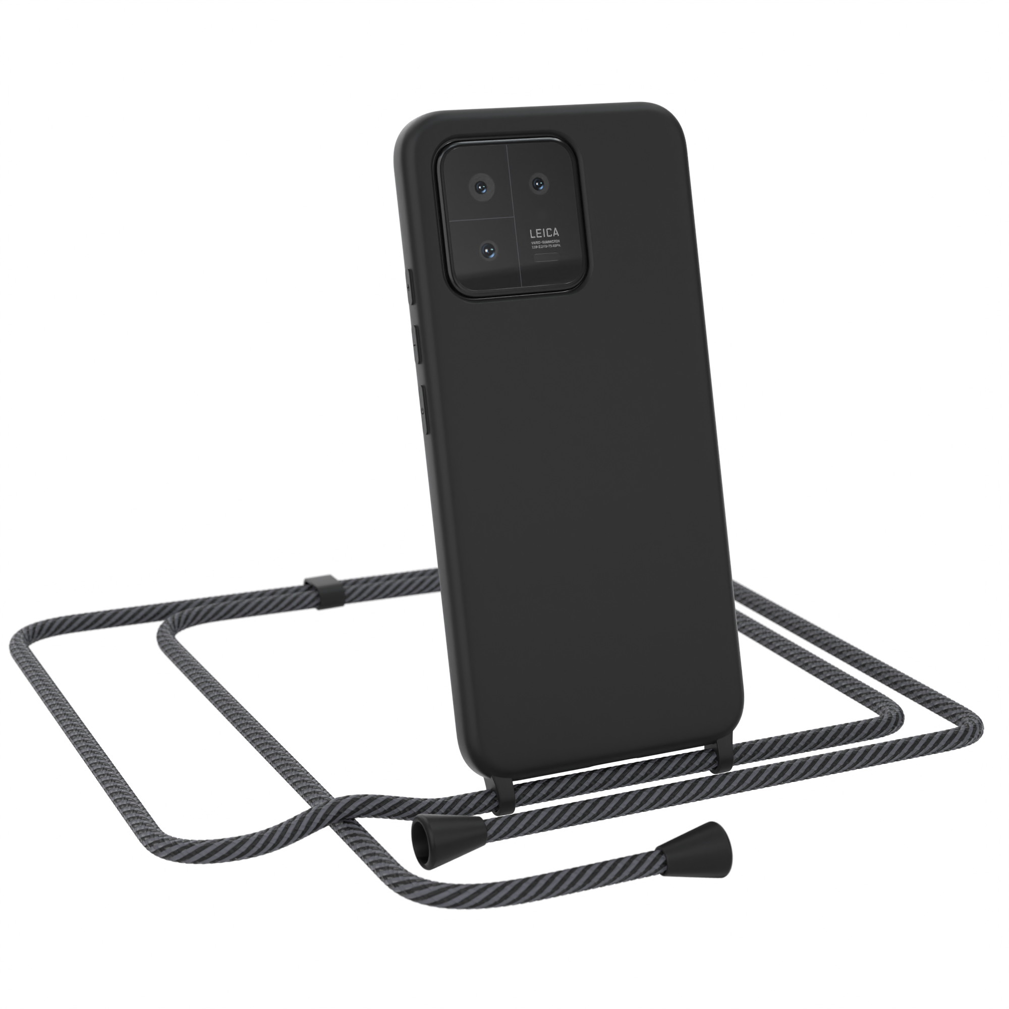 Schwarzes Telefon mit Hülle und Lanyard, auf weißem Hintergrund.