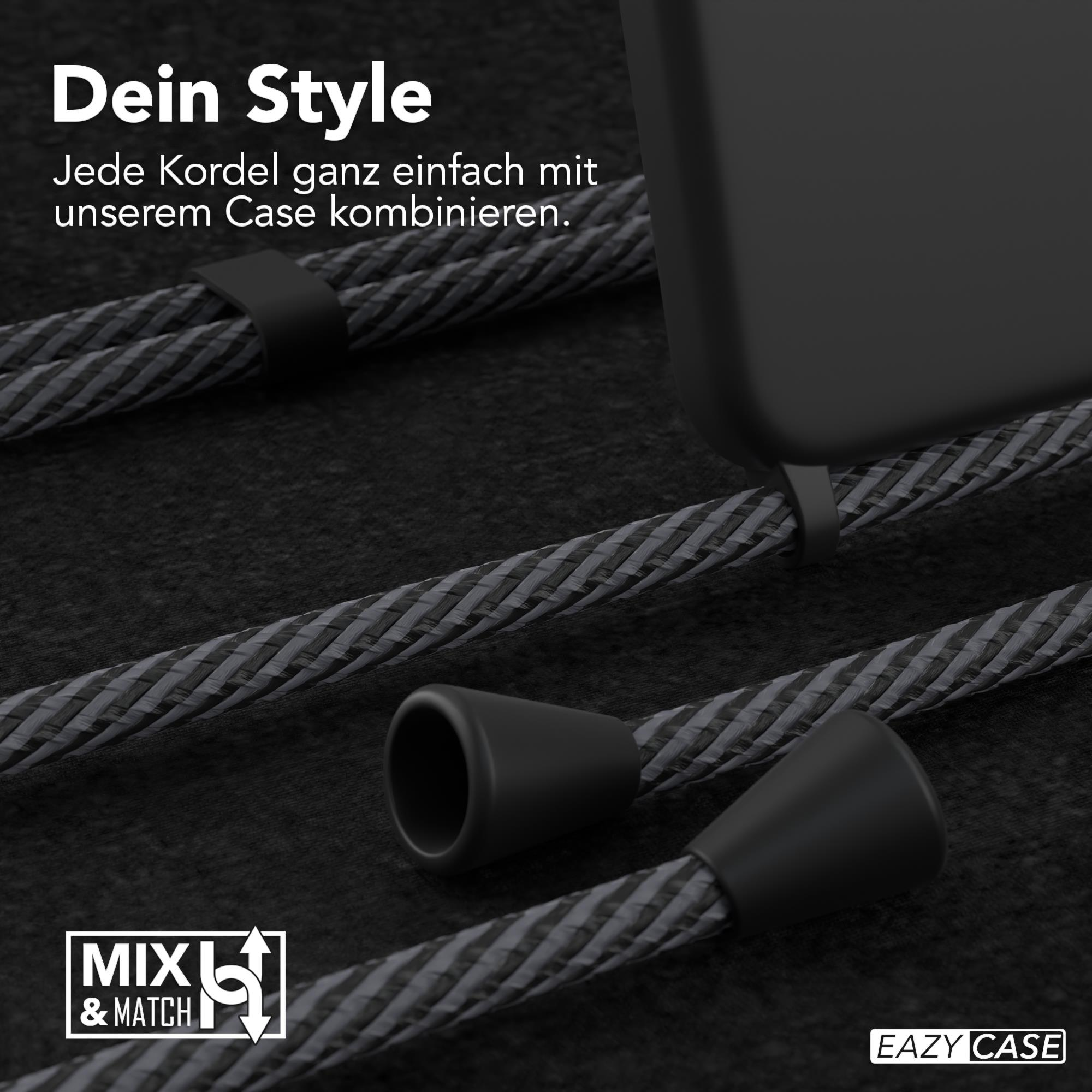 Schwarze Handyhülle mit zwei schwarzen Kordeln. Text: Kombiniere jede Kordel einfach mit unserer Hülle.