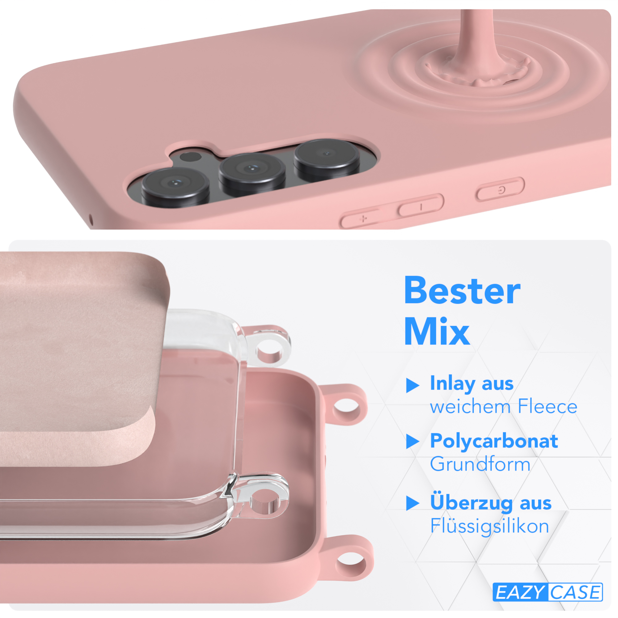 Rosa Handyhülle mit Schichten, einer transparenten Hülle und einem Telefon mit Kameras, auf weißem Grund.