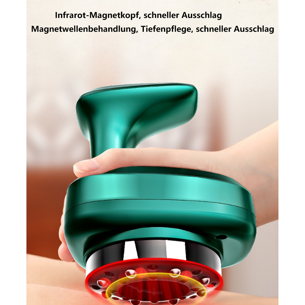 Ein grünes Massagegerät wird am Arm einer Person verwendet. Rotes Licht ist sichtbar.