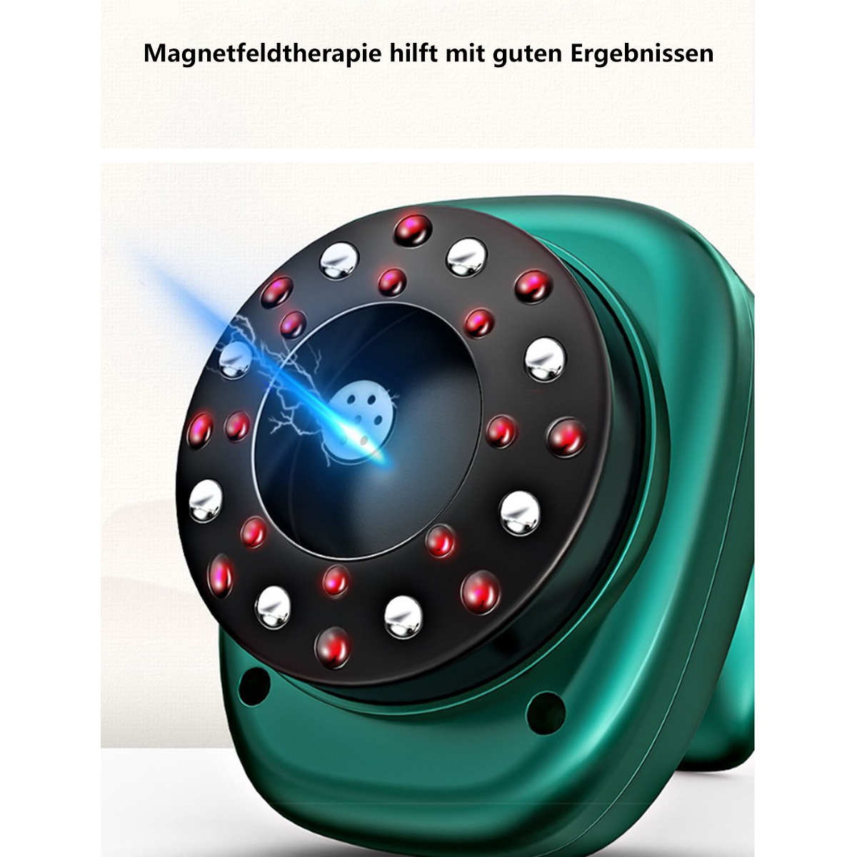 Nahaufnahme eines grünen medizinischen Geräts mit roten und silbernen Lichtern und einem blauen Blitz.