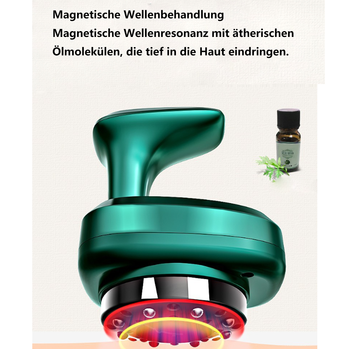 Ein grünes Schönheitsgerät mit roten Lichtern. Eine kleine Flasche Öl befindet sich rechts vom Gerät.