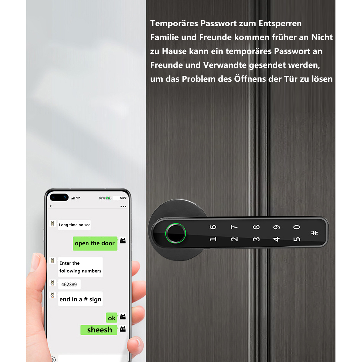 Cerradura de puerta inteligente negra con teclado numérico y sensor de huellas dactilares. Un teléfono muestra mensajes: abrir puerta, ingresar números y un hashtag.