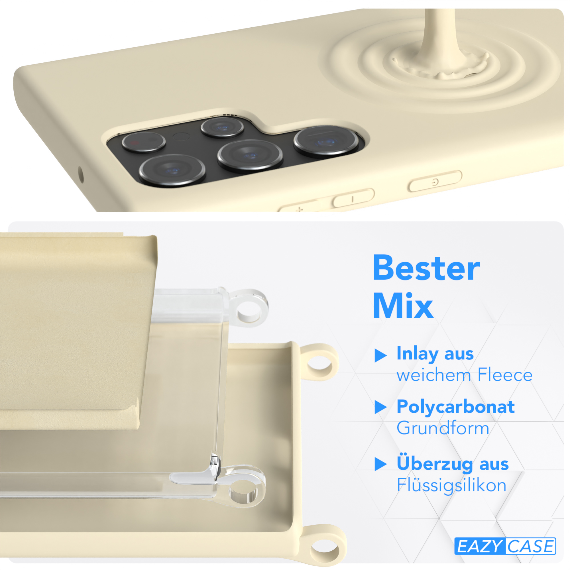 Handyhüllen-Schichten, beige. Schichten einer beigen Handyhülle, weißer Hintergrund.