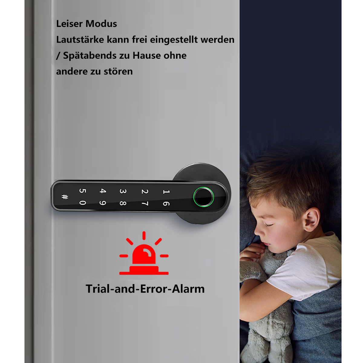 Cerradura de puerta con teclado numérico, sensor de huellas y niño dormido.