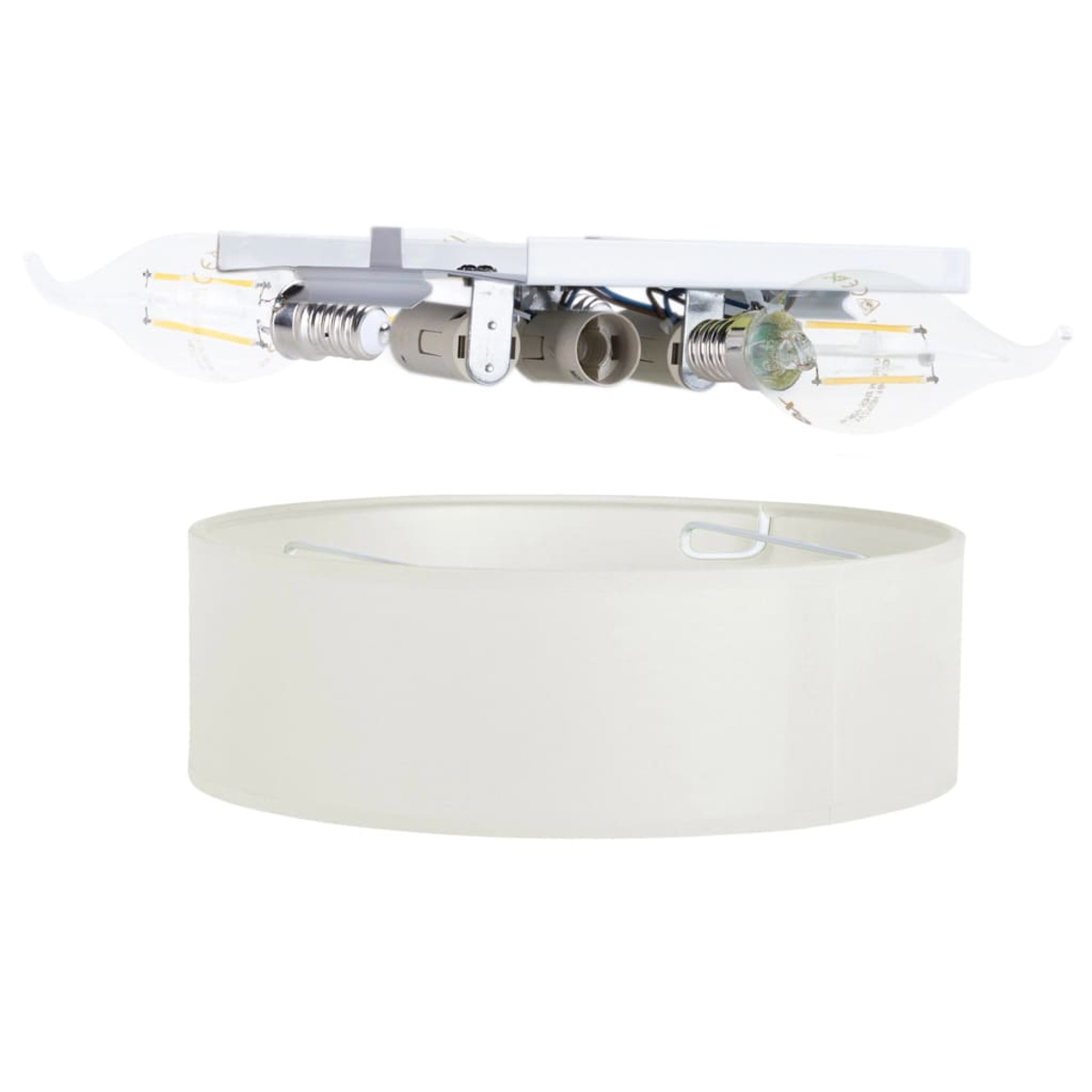Un apparecchio per lampada bianco con lampadine e un paralume bianco. Lo sfondo è bianco.
