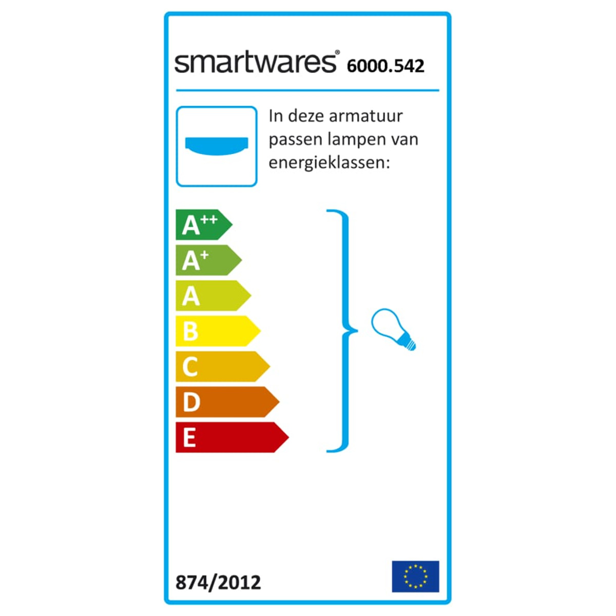 Etichetta di efficienza energetica con gradi da A++ a E. Cornice blu e icona della lampadina.