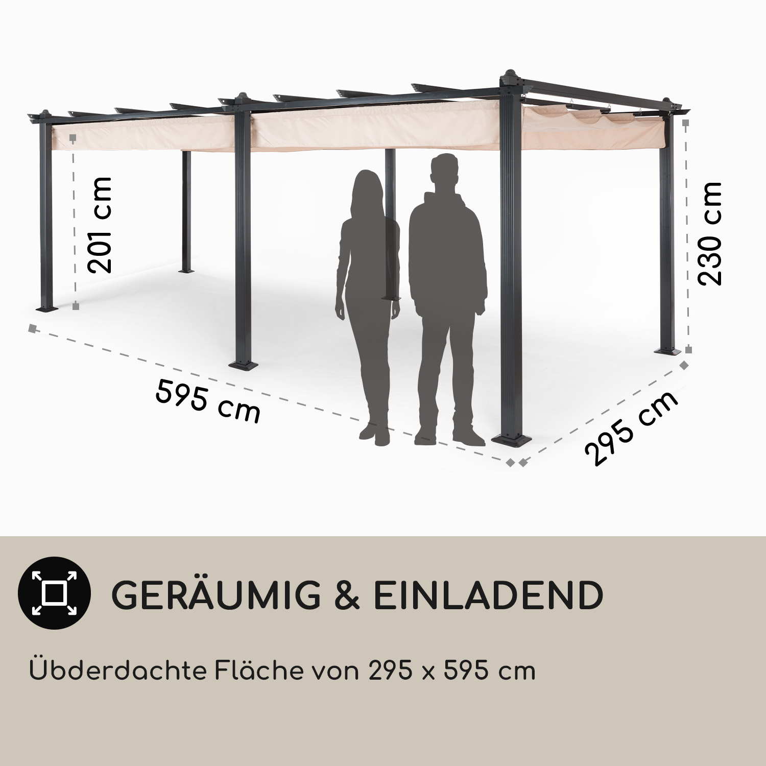 Eine Pergola mit Maßen und einer Silhouette eines Mannes und einer Frau. Sie hat ein beiges Dach.