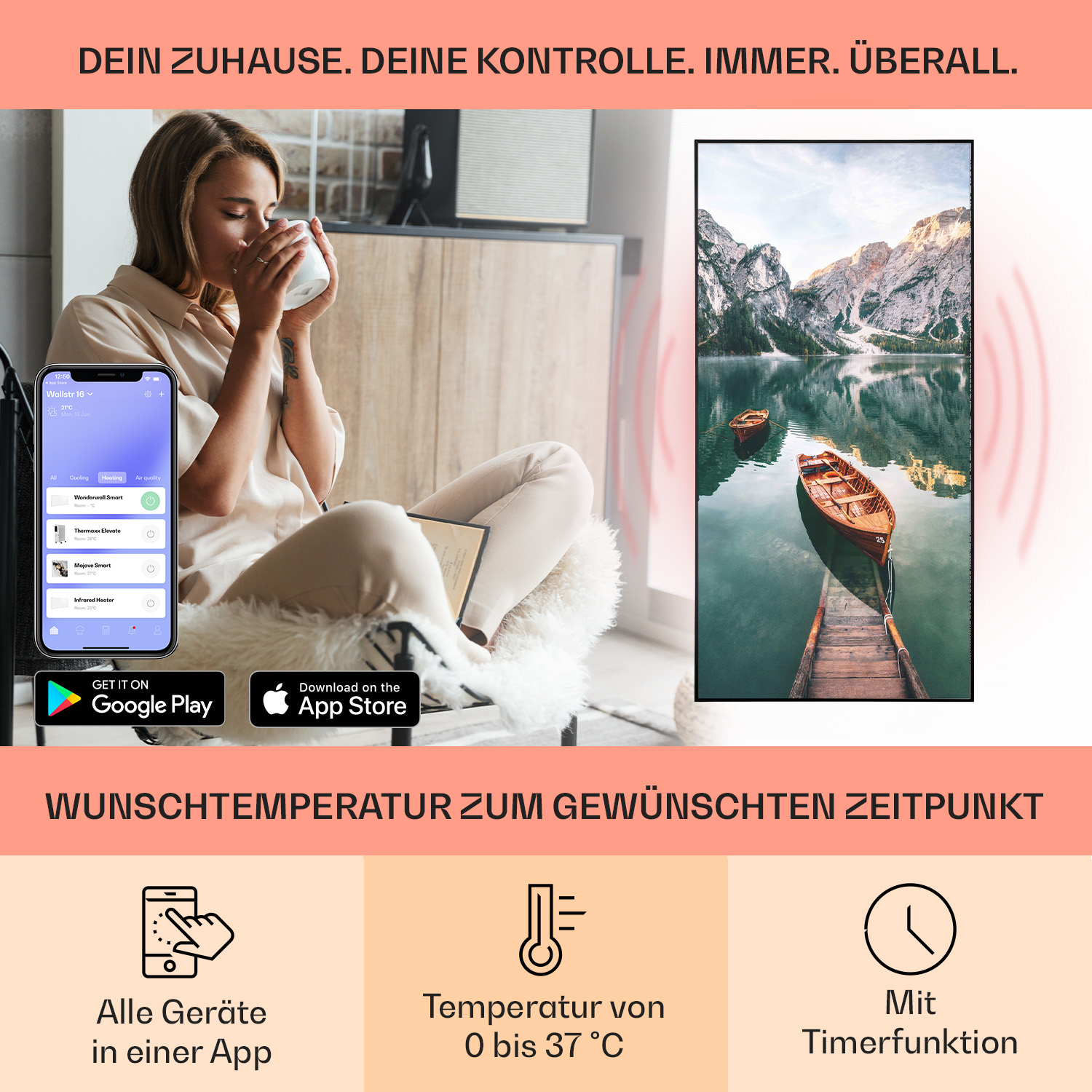 Eine Frau trinkt aus einem Becher, Telefon mit App-Oberfläche und ein großer Bildschirm mit Landschaftsszene.