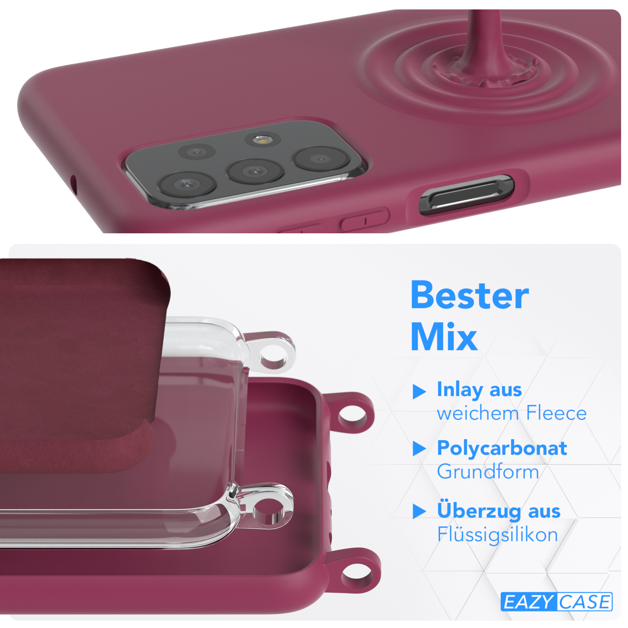 Handyhülle mit roter Außenseite, klarer Schicht und Fleece-Innenseite.