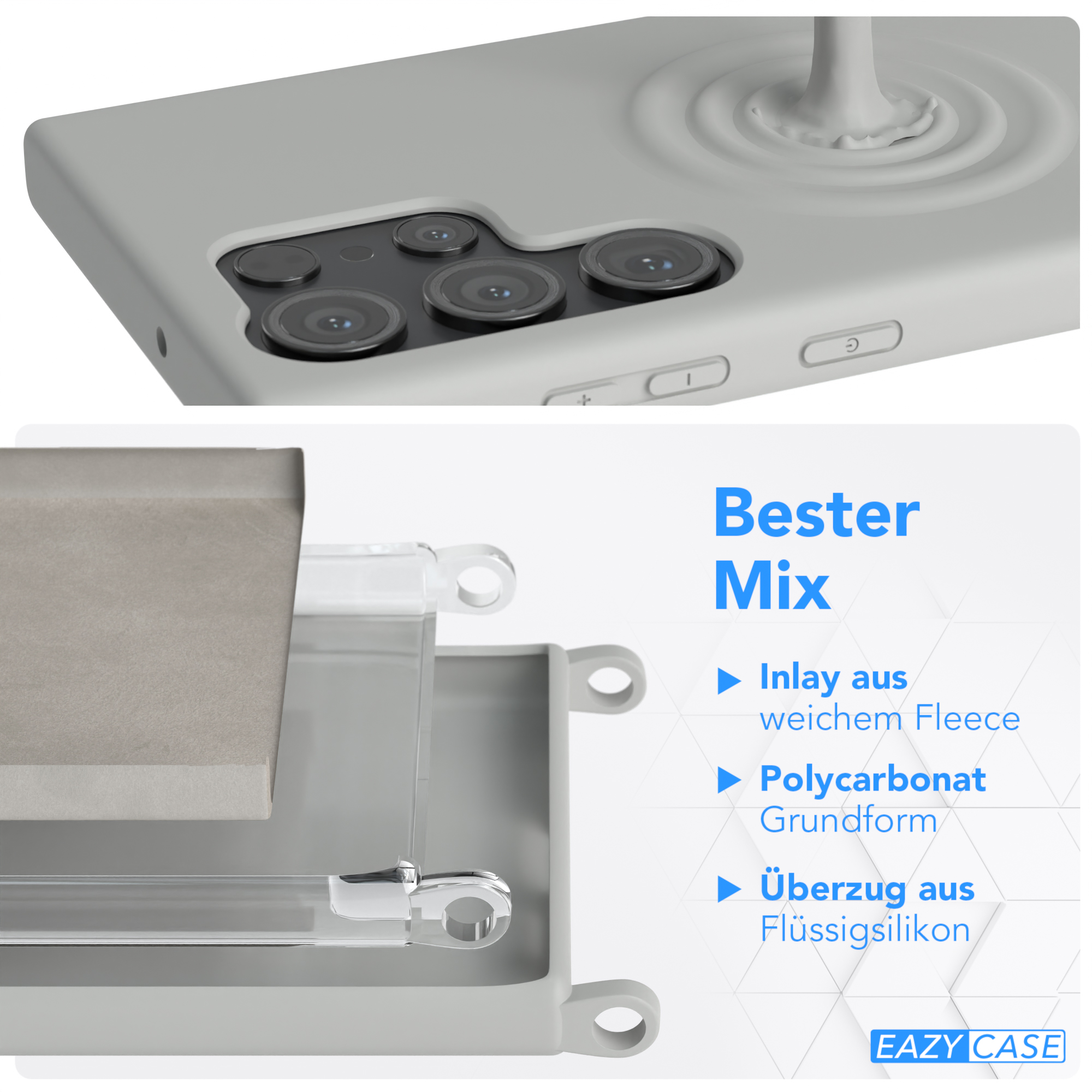Handyhülle mit einem Telefon. Materialschichten werden mit dem Text 'Bester Mix' gezeigt.