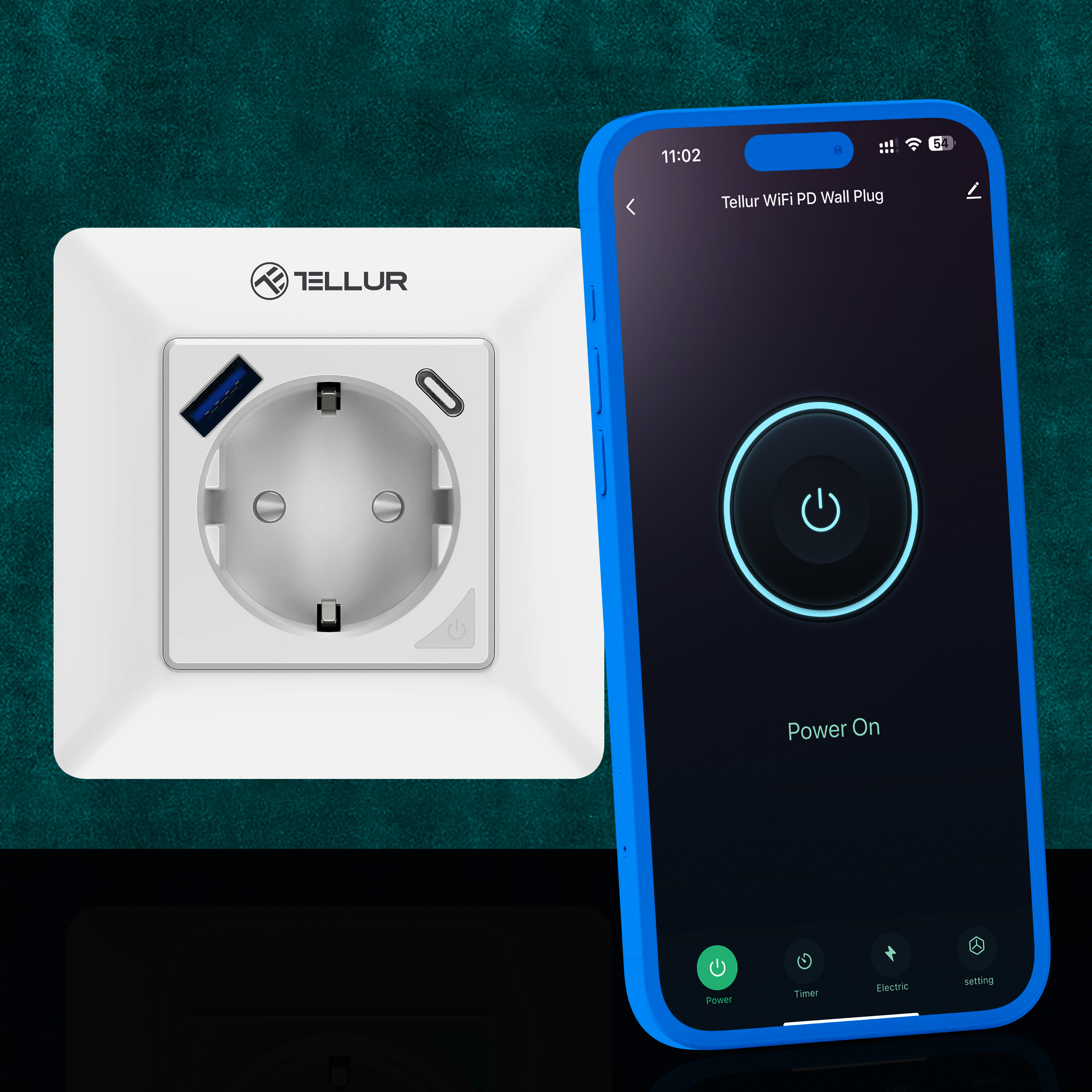 Ein weißer Wandstecker und ein blaues Smartphone, das eine App-Oberfläche mit einem Ein-Aus-Schalter zeigt.