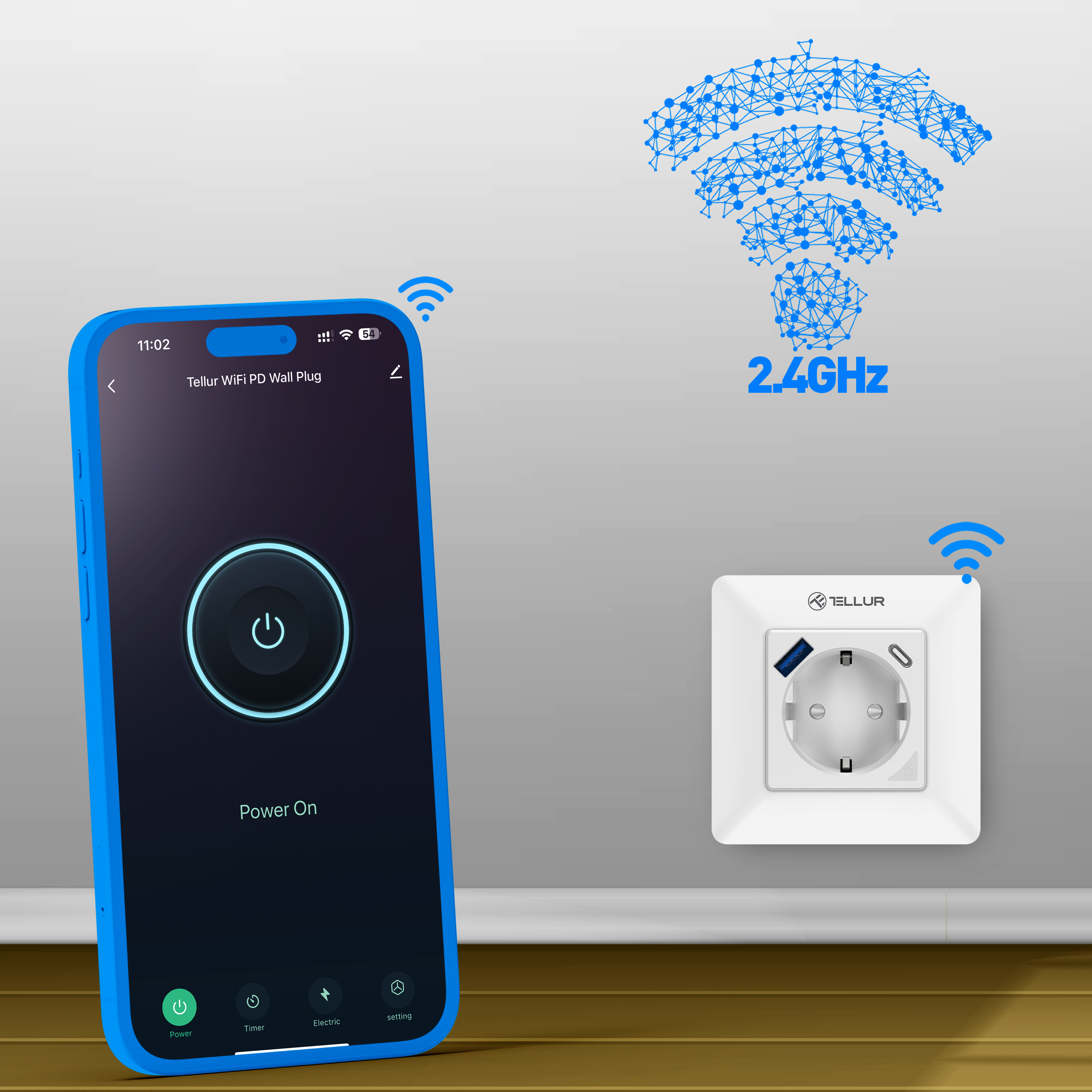 Smartphone mit blauer Hülle, Power-On-Anzeige, Smart-Stecker und 2,4-GHz-WLAN-Symbol.