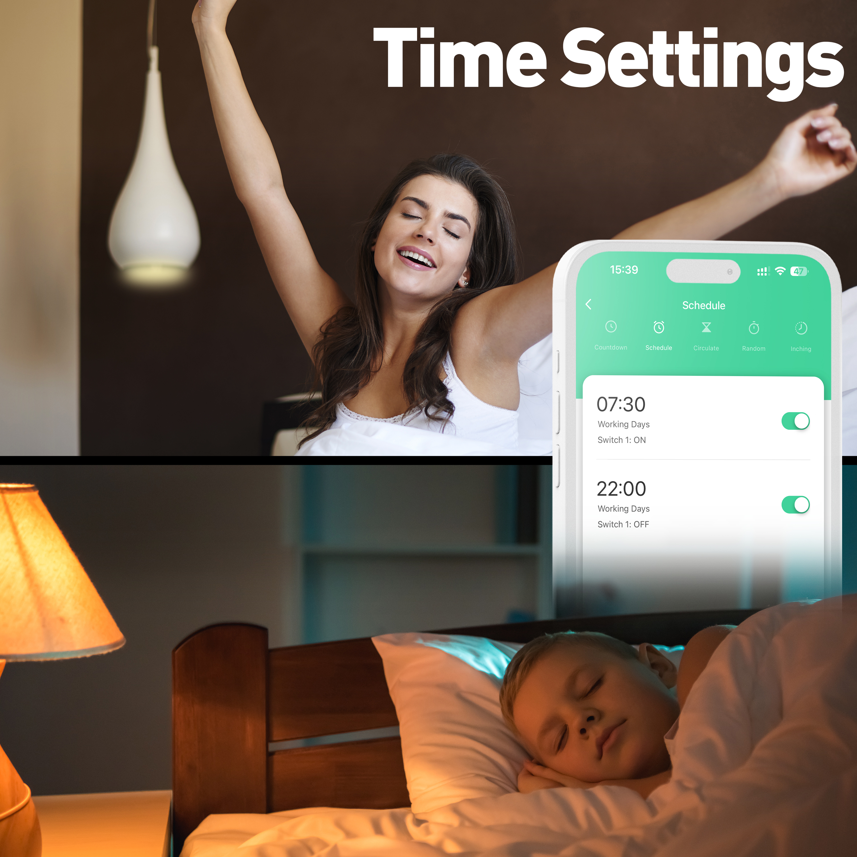 Frau wacht auf, Telefon zeigt Zeitplan. Junge schläft im Bett, Lampe an.