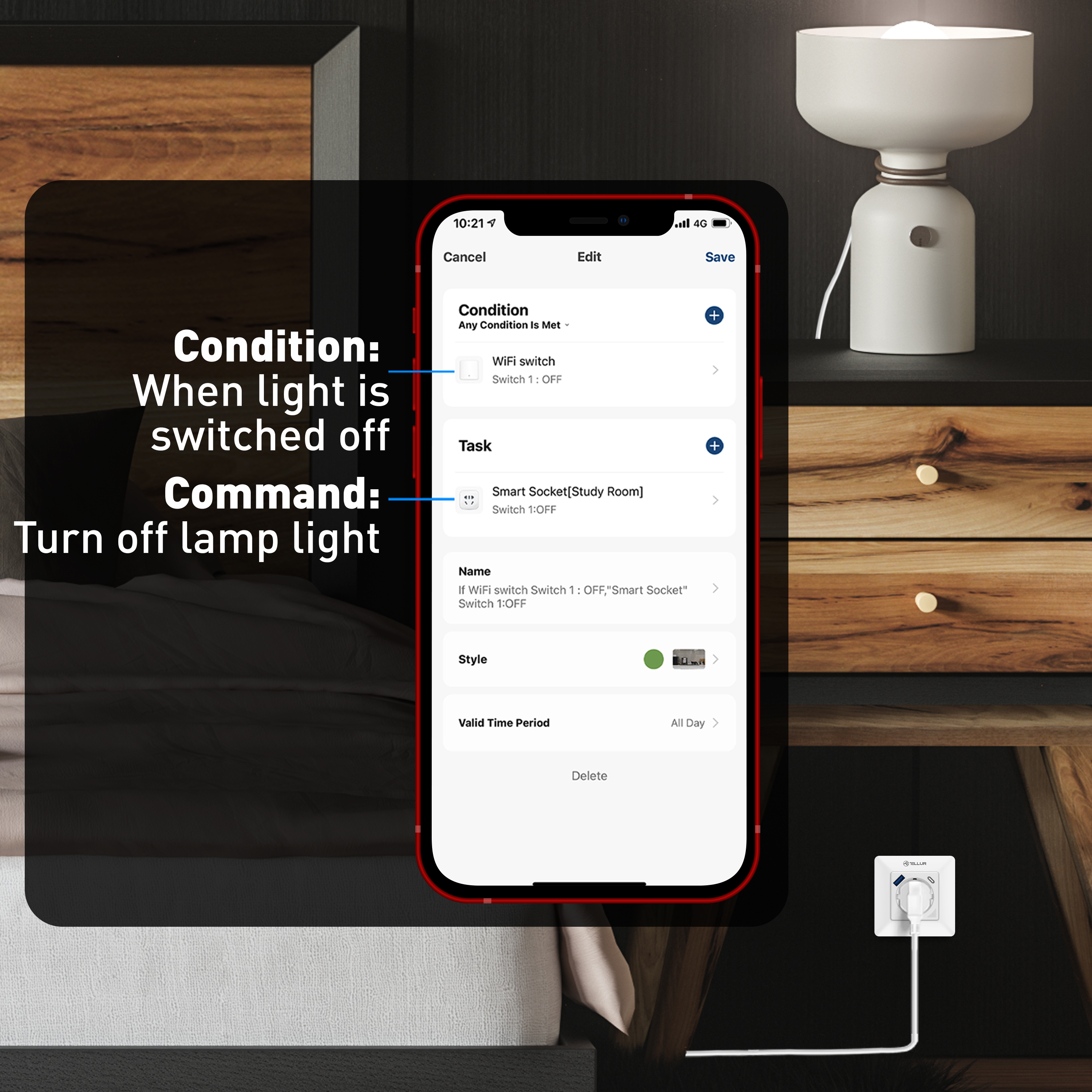 Smartphone zeigt App-Steuerung für Smart Home, Lampensteuerung.