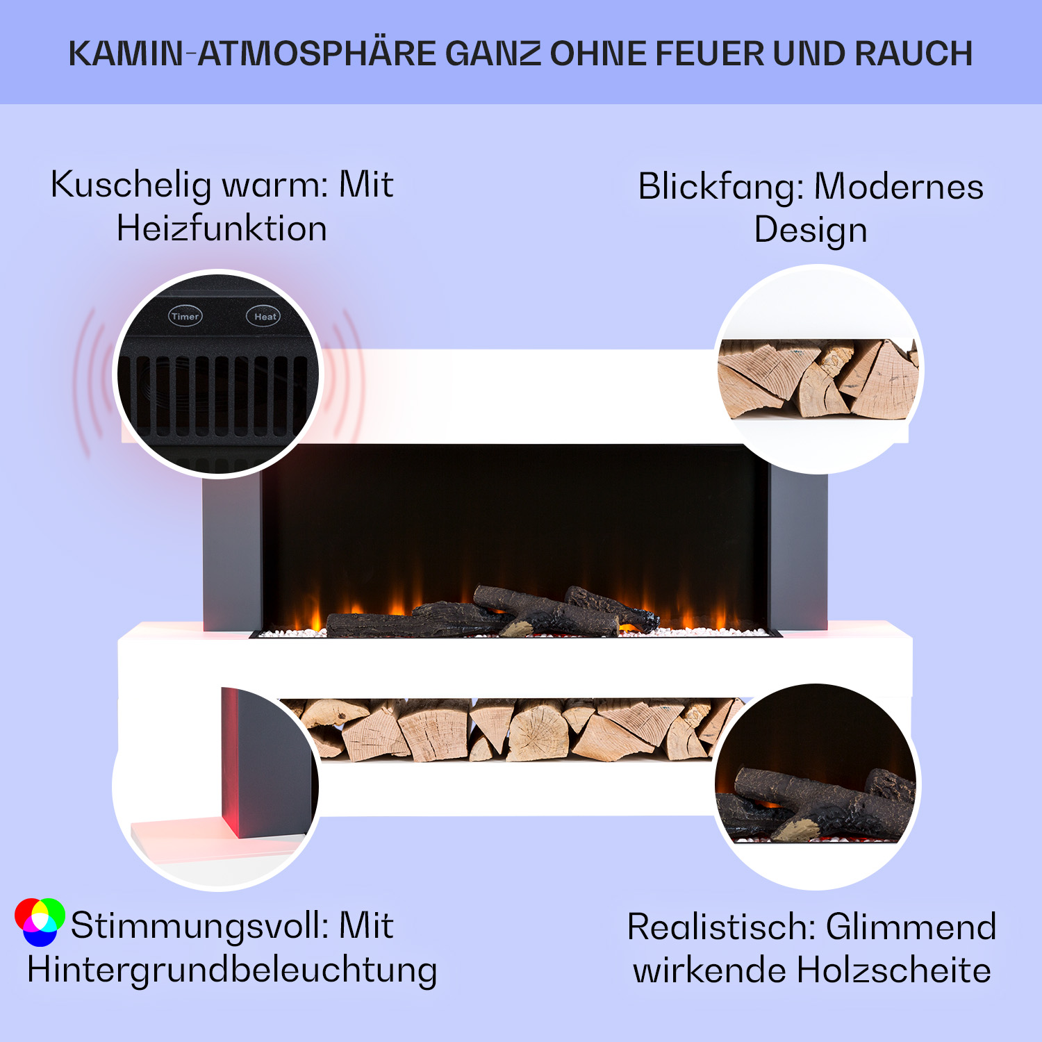 Una chimenea eléctrica moderna con detalles visuales de troncos y llamas.